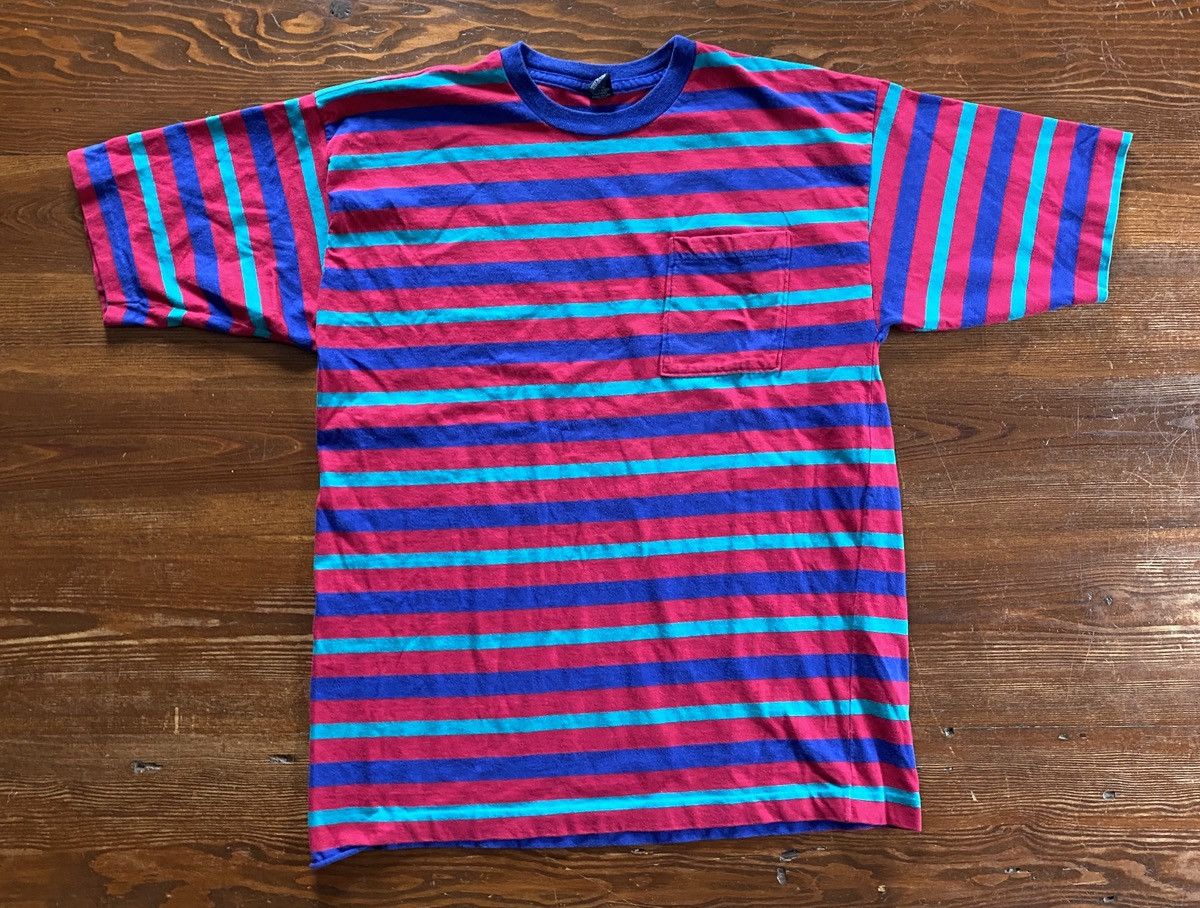 Lands' End Vintage 90’s Lands End Magenta Stripe Single Stitch Tee Size US M / EU 48-50 / 2 - 2 Thumbnail