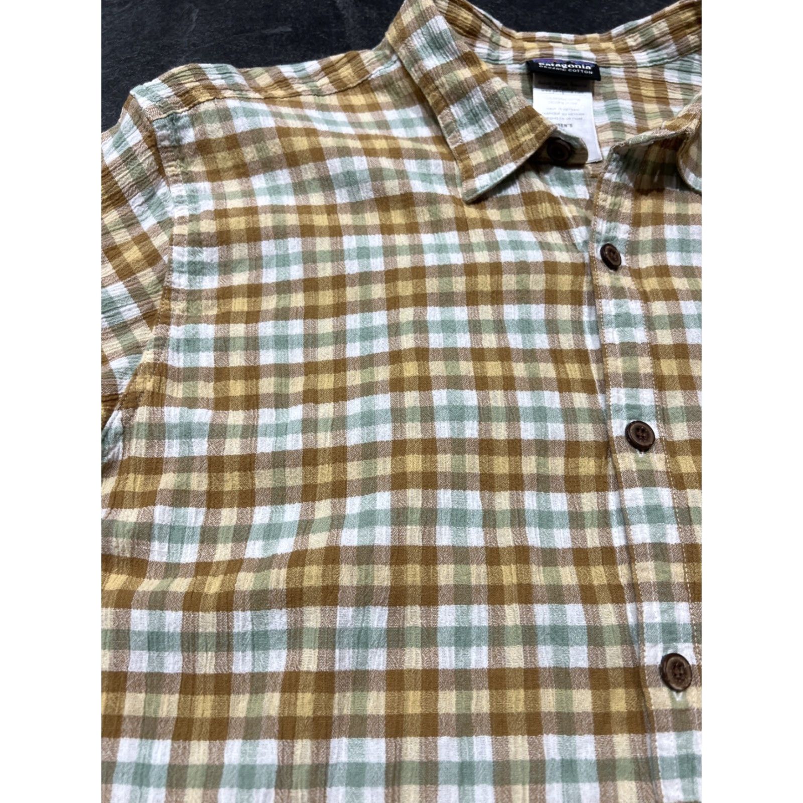 Patagonia Patagonia Brand Men’s Large L Organic Cotton Short Sleeve Button Up Beige Gold Green Size US 33 - 4 Thumbnail