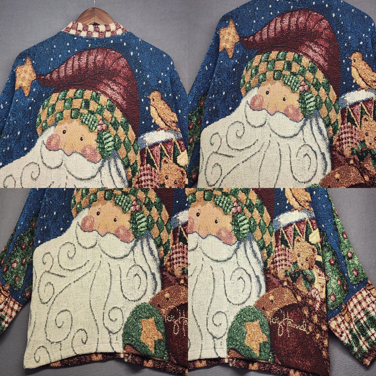 Sugar VINTAGE Sugar Street Weavers Tapestry Cardigan Santa Tree Pockets Womens One Size Blue 100% Cotton 90s Christmas KnIT Sweater Size ONE SIZE - 9 Thumbnail
