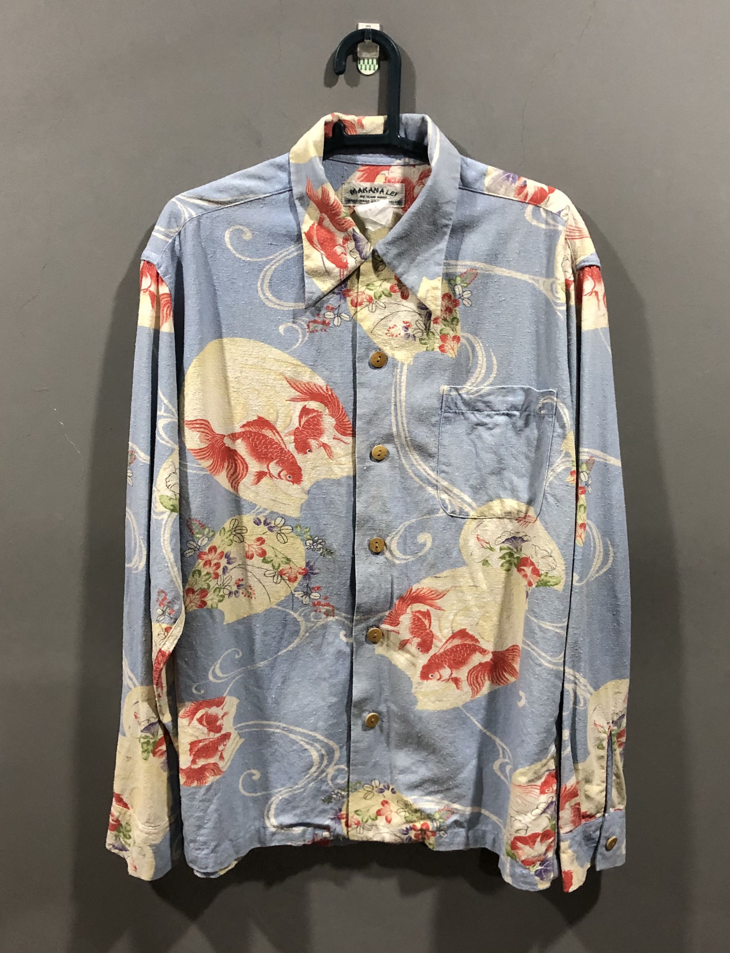 image of Aloha Wear x Hawaiian Shirt Makana Lei Long Sleeve Hawaiian Shirt Gold Fish Pattern (Size Medium)