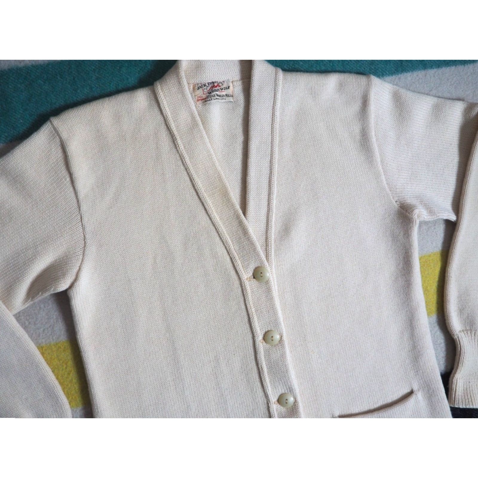 Vintage VTG Jack Frost Ivory Cream Wool Varsity Cardigan Sweater Mens S 1950s 60s Look Letterman Wool 100% Cardigan, Casual, Original, USA Size US S / EU 44-46 / 1 - 2 Thumbnail