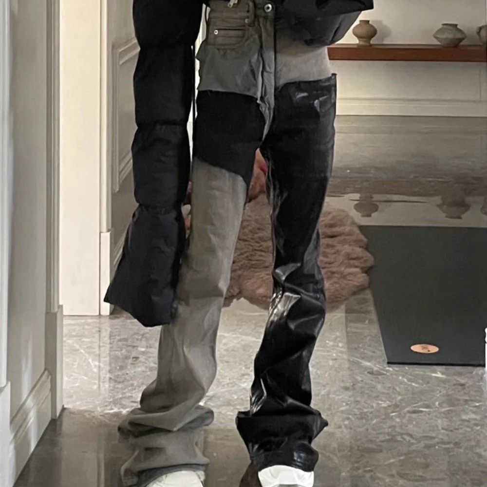 image of Distressed Denim Dwi Color Patchwork Gradient Stacked Wax Pants in Black, Men's (Size 28)