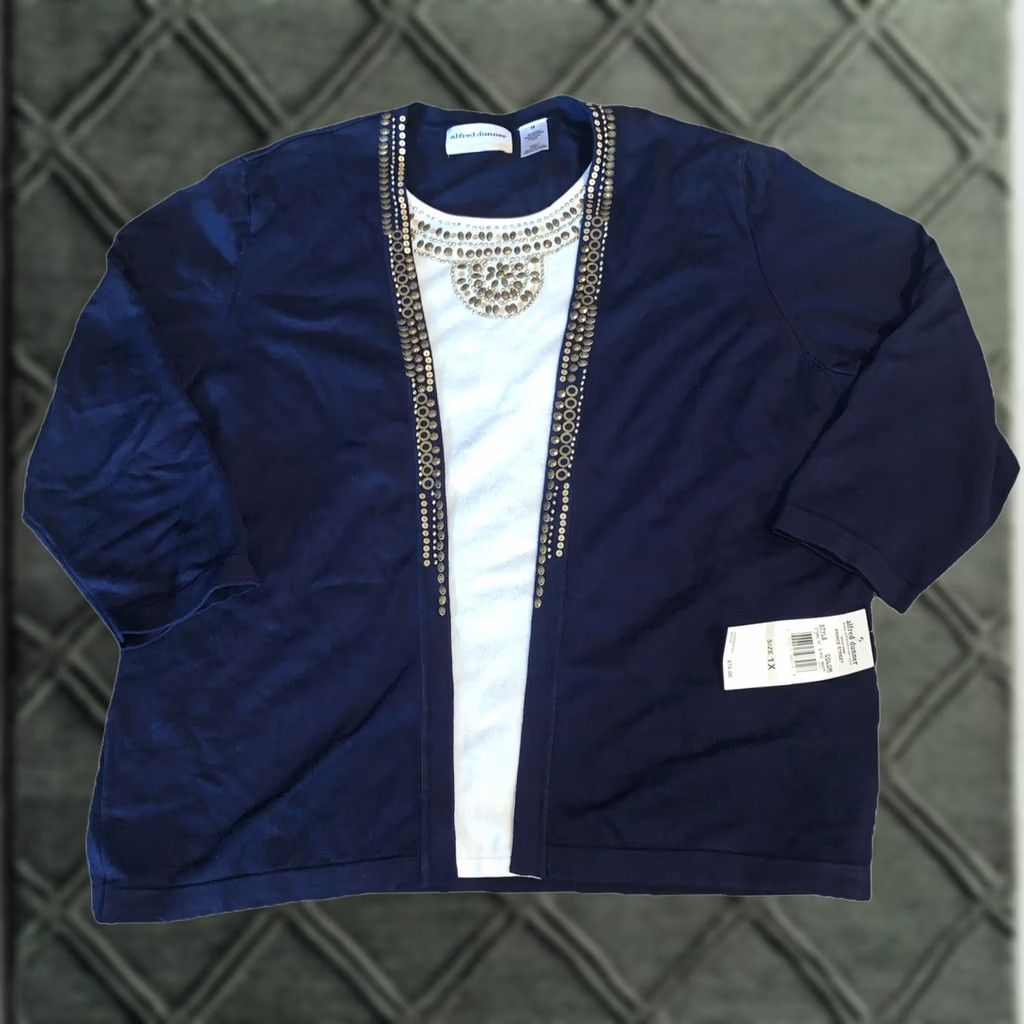 Vintage Alfred Dunner Blouse Shirt 1X Blue 3/4 Sleeve Beaded Sequin Knit Pullover Round Neck Womens Regular Basic Seasonal Casual Size XL / US 12-14 / IT 48-50 - 1 Thumbnail