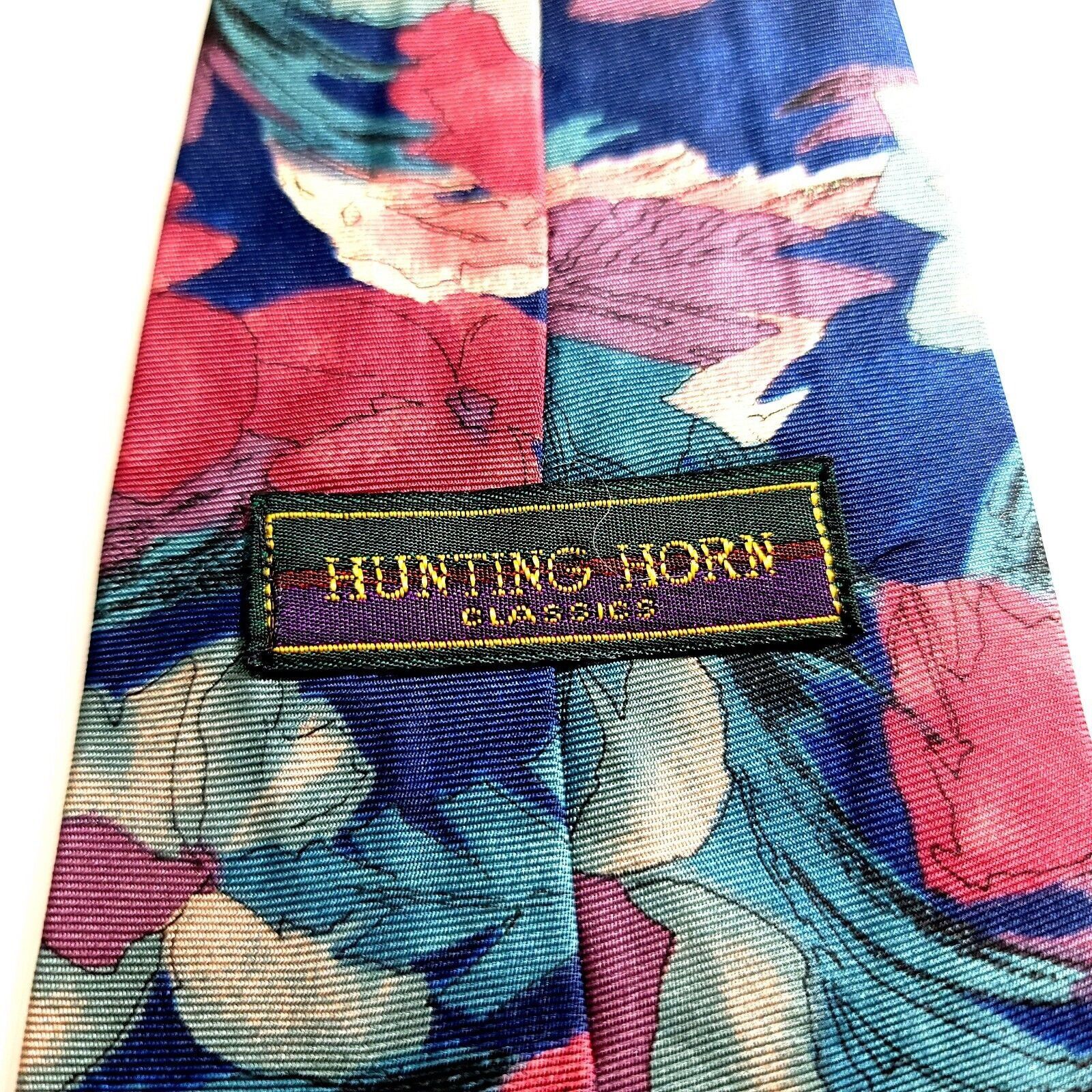 Vintage Hunting Horn Classics Blue Pink Floral Print Wide Silk Tie Size ONE SIZE - 3 Thumbnail