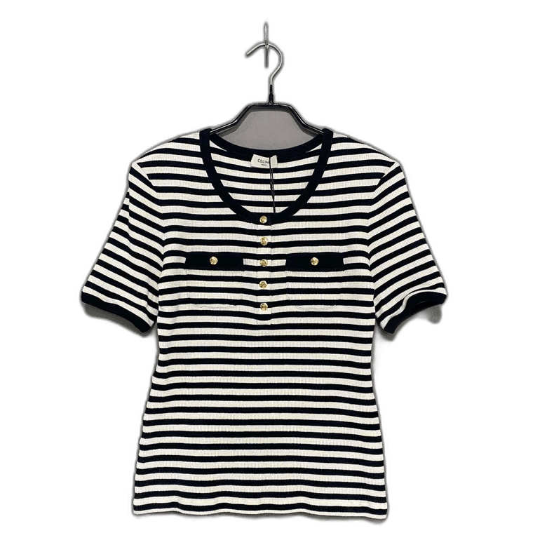 Celine Striped Short Sleeve Top with Gold Buttons Size M / US 6-8 / IT 42-44 - 1 Thumbnail