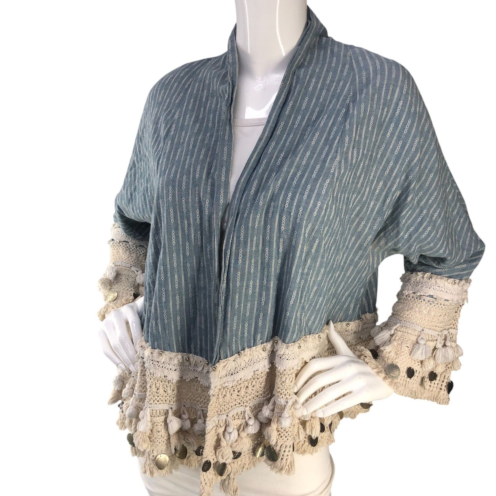 Zara Zara Size S Cardigan Open Front Crochet Trim Tassles Blue Size S / US 4 / IT 40 - 1 Thumbnail