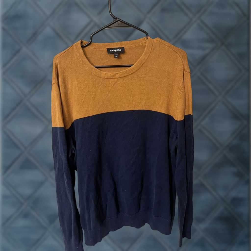 Express Express Sweater Men XL Pullover Crewneck Navy Colorblock Lightweight Multicolor Cotton Knit Cable-Knit Striped Logo Athletic? Size US XL / EU 56 / 4 - 1 Thumbnail