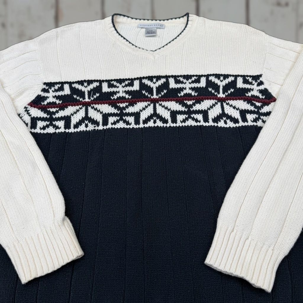 Geoffrey Beene VINTAGE Geoffrey Beene Sweater Mens Large White Navy Fair Isle Cotton V Neck Pullover Size US L / EU 52-54 / 3 - 1 Thumbnail
