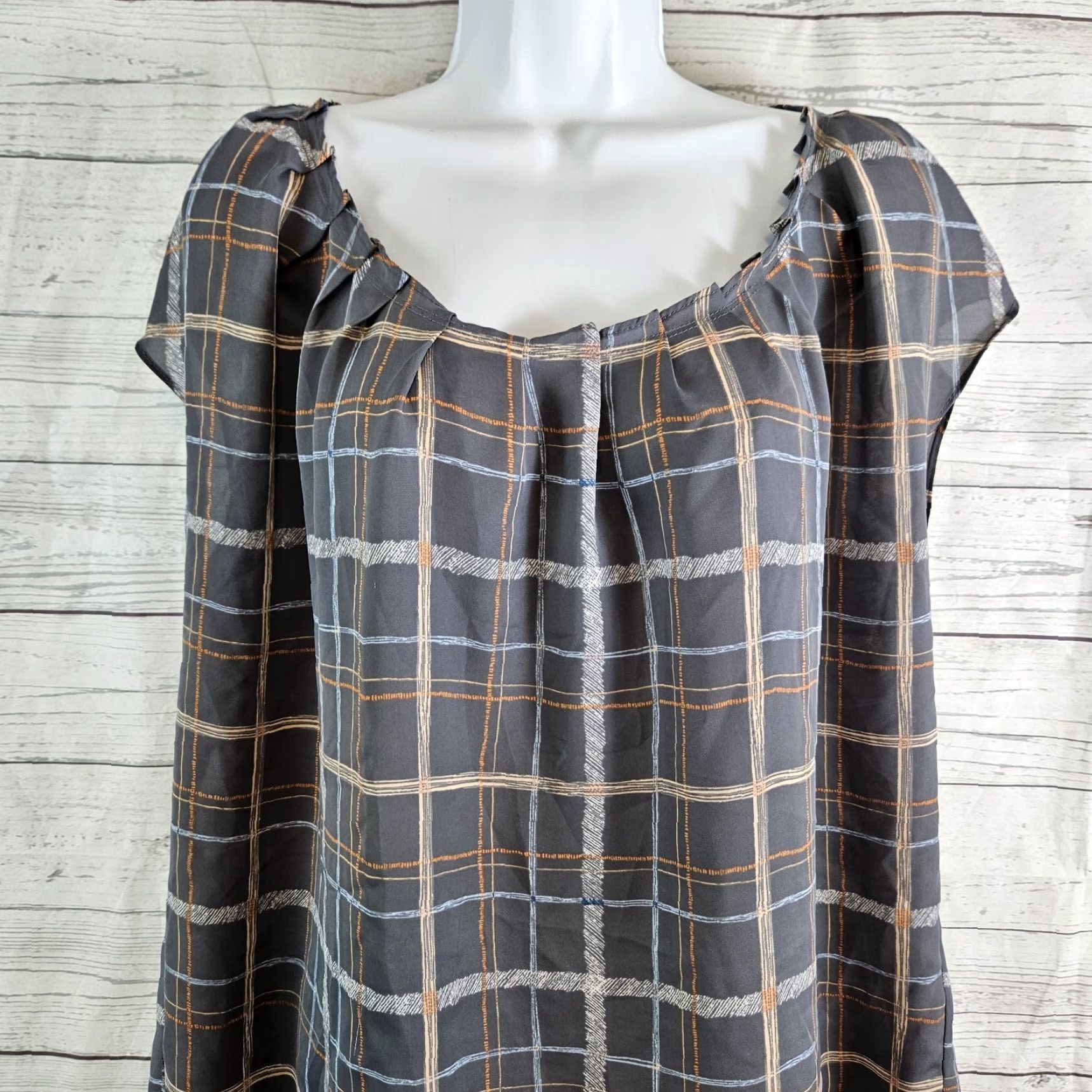 Vintage LC Lauren Conrad Womens Top Blouse XL Gray Orange Plaid Tie Back Shirt Ladies Large Size XL / US 12-14 / IT 48-50 - 2 Thumbnail