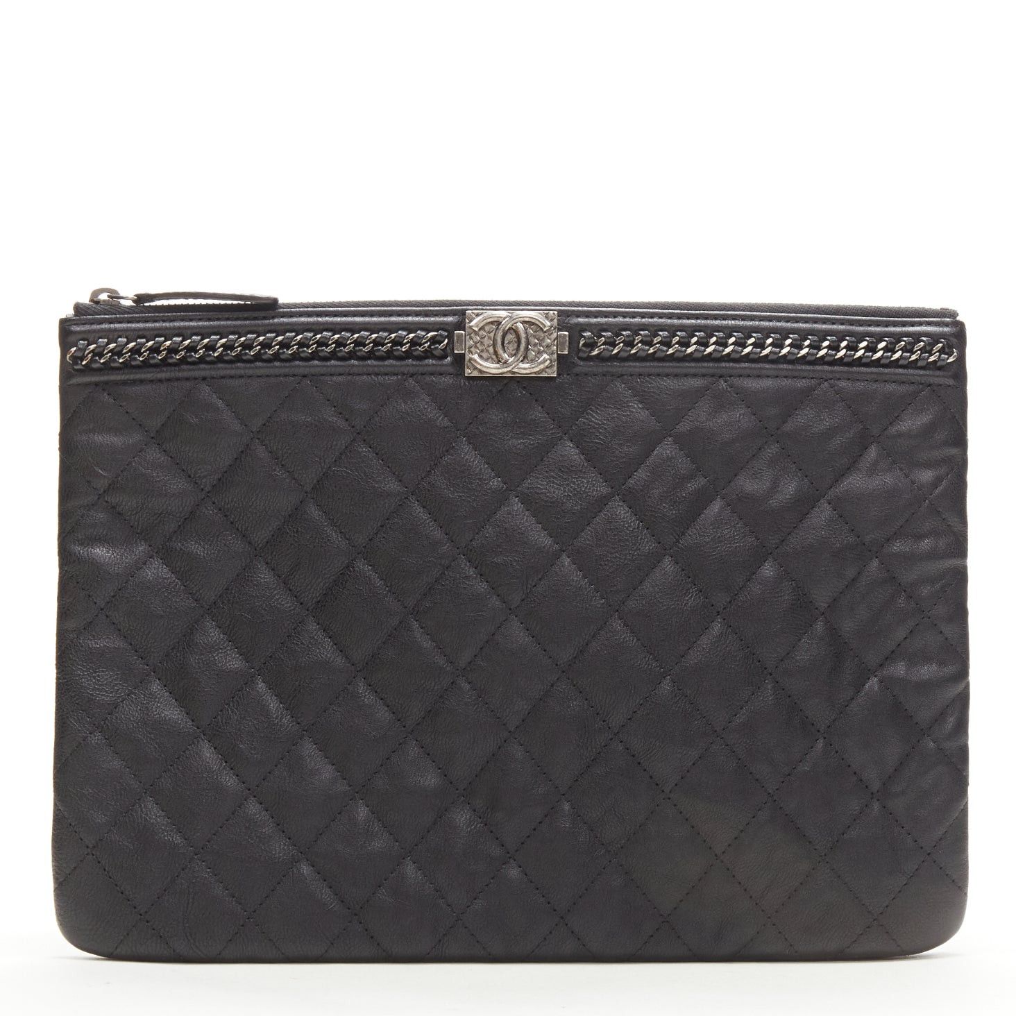 Chanel CHANEL Large Boy O Case black quilted leather chain trim flat pouch clutch bag Size ONE SIZE - 1 Thumbnail