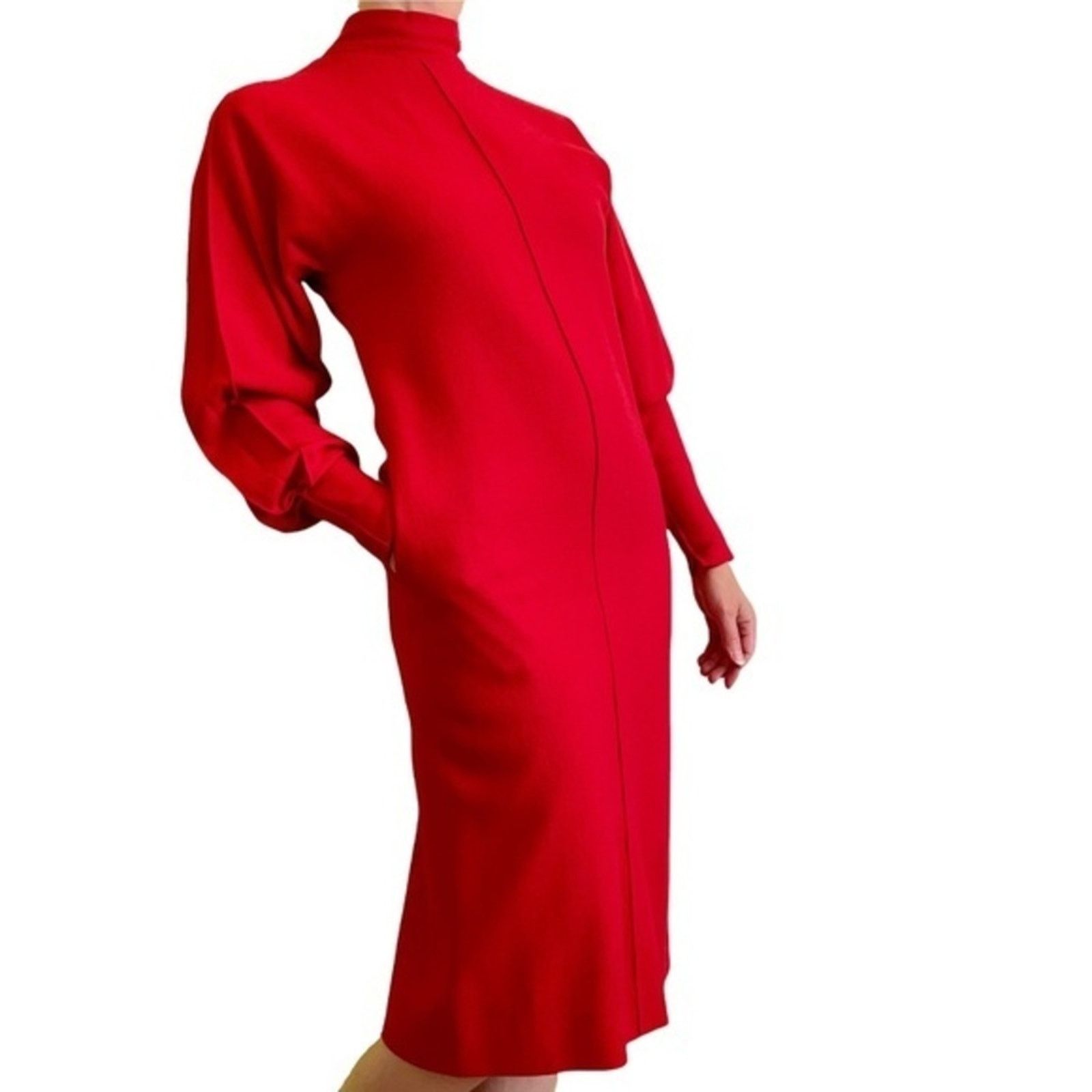 Vintage Pauline Trigère Couture Red High-Necked Dolman Sleeve Dress Size M / US 6-8 / IT 42-44 - 1 Thumbnail