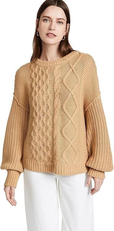 Free People Free People Dream Cable Crew Sweater in Camel Tan ( L ) Size L / US 10 / IT 46 - 1 Thumbnail