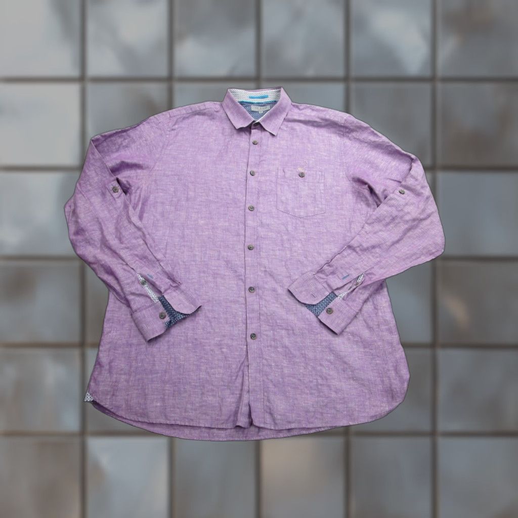 Ted Baker Ted Baker Shirt Mens XL Purple Linen Cotton Button Down Long Sleeve Printed Trim Size US L / EU 52-54 / 3 - 1 Thumbnail