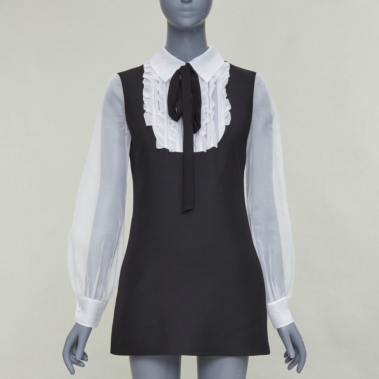 Valentino VALENTINO 2022 Crepe Couture black white wool silk ruffle bib neck tie mini dress IT38 XS Size XS / US 0-2 / IT 36-38 - 1 Thumbnail