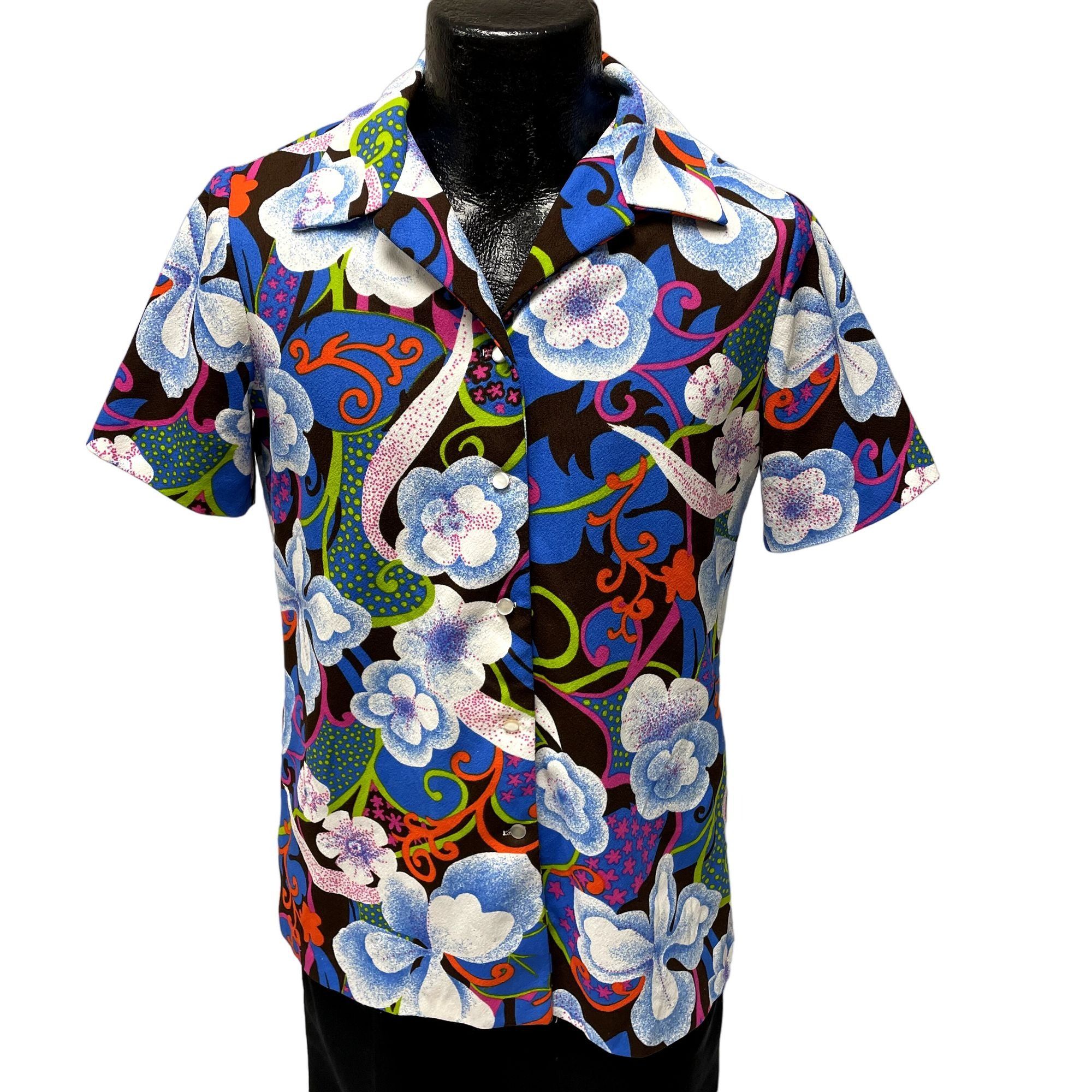 image of 70's Hamilton 8 Women Mod Psychedelic Blouse Flower Power in Blue (Size Large)