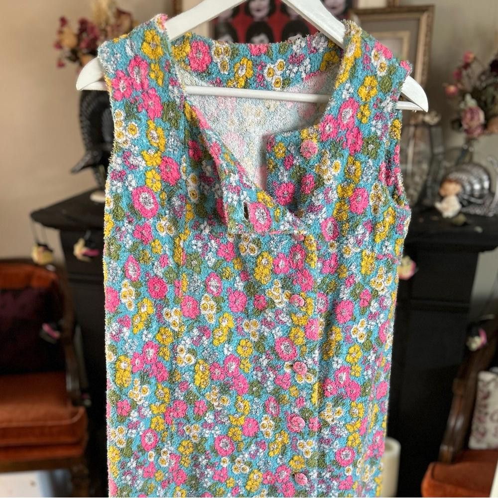 Designer Vintage terry cloth floral 1970s women's smock dress Size L / US 10 / IT 46 - 5 Thumbnail
