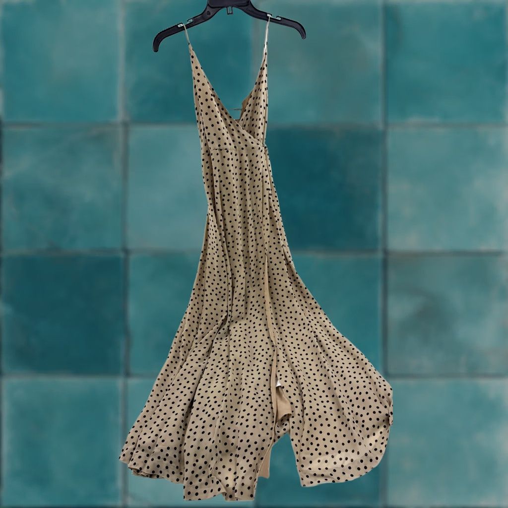 Ganni Ganni Dress Womens 34 Beige Black Polka Dot Slip Spaghetti Strap V Neck Flowy Maxi Size XXS / US 00 / IT 34 - 1 Thumbnail