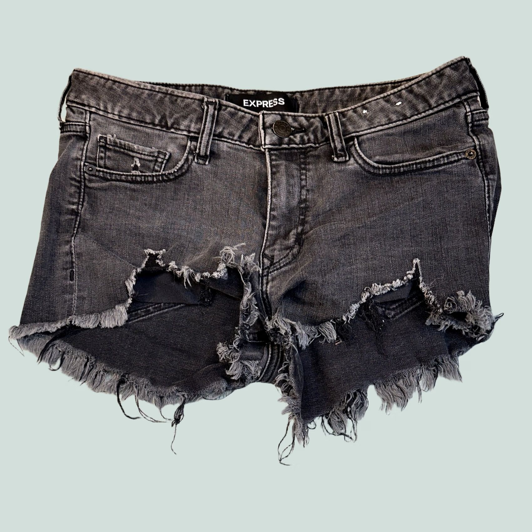 Express Express Womens Cut-Off Shorts Relaxed Low Rise Distressed 2.0in Inseam Black 6/ Regular Cotton Denim Button 5-Pocket Size 28" / US 6 / IT 42 - 1 Thumbnail