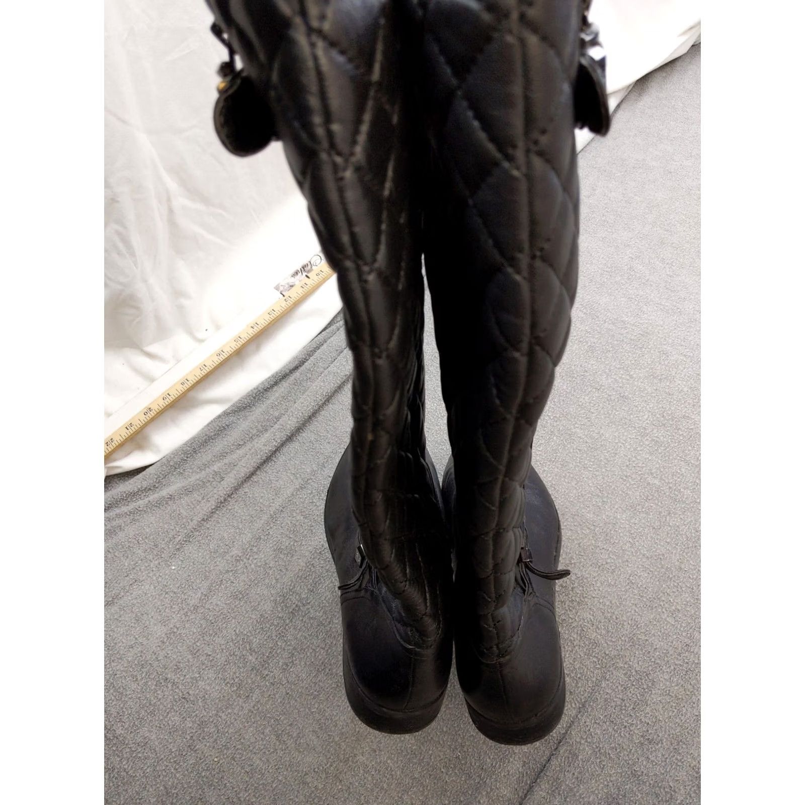 Vince Camuto Vince Camuto Womens Boots Knee High Leather Black Knit Quilted Buckle Side Zip 9M 39 Size US 9 / IT 39 - 4 Thumbnail