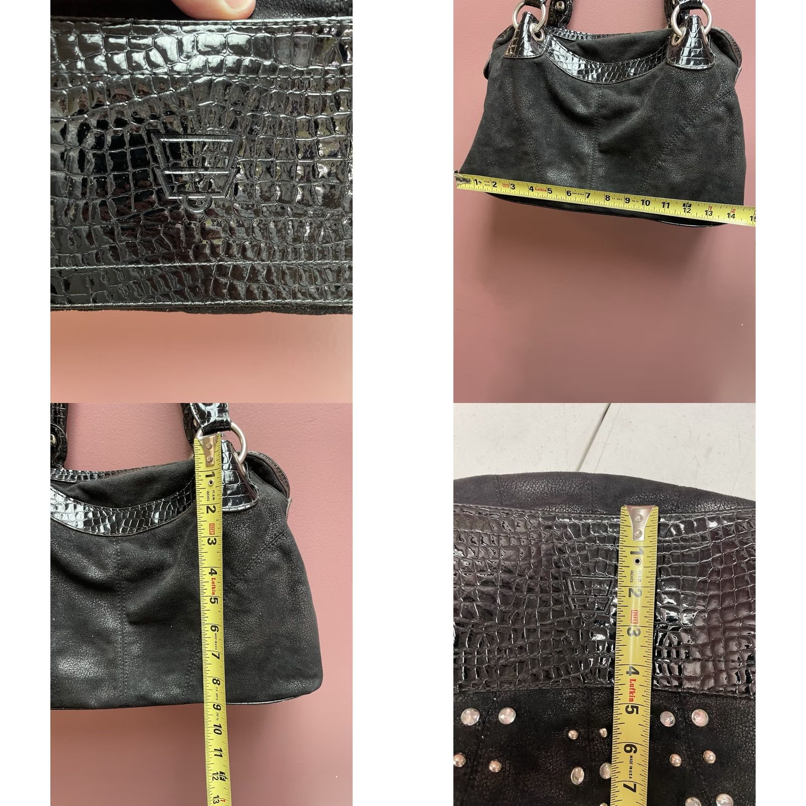 Crocs VINTAGE Kathy Van Zeeland Y2K McBling Studded Purse Bag Black Croc Faux Leather Glam Shoulder Bag Womens Size ONE SIZE - 8 Thumbnail