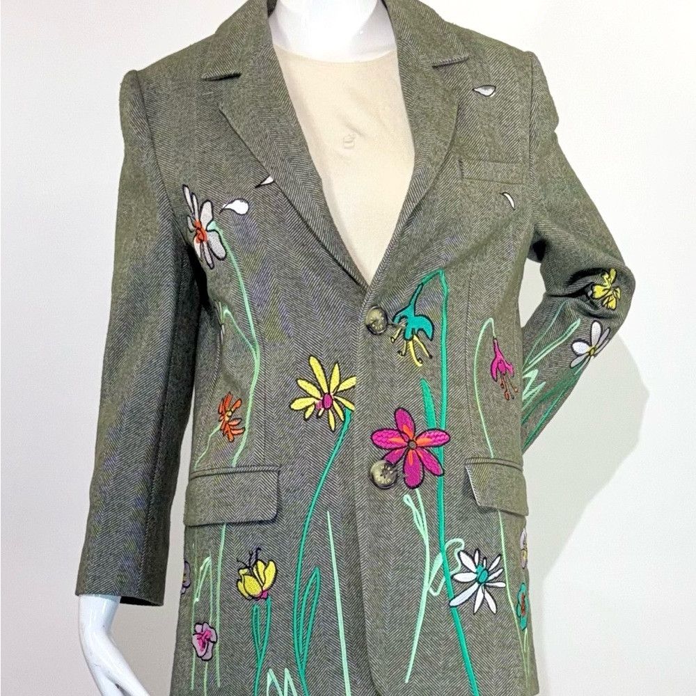 Mira Mikati MIRA MIKATI Floral Embroidered Notched-Lapels Green Blazer Size S / US 4 / IT 40 - 1 Thumbnail