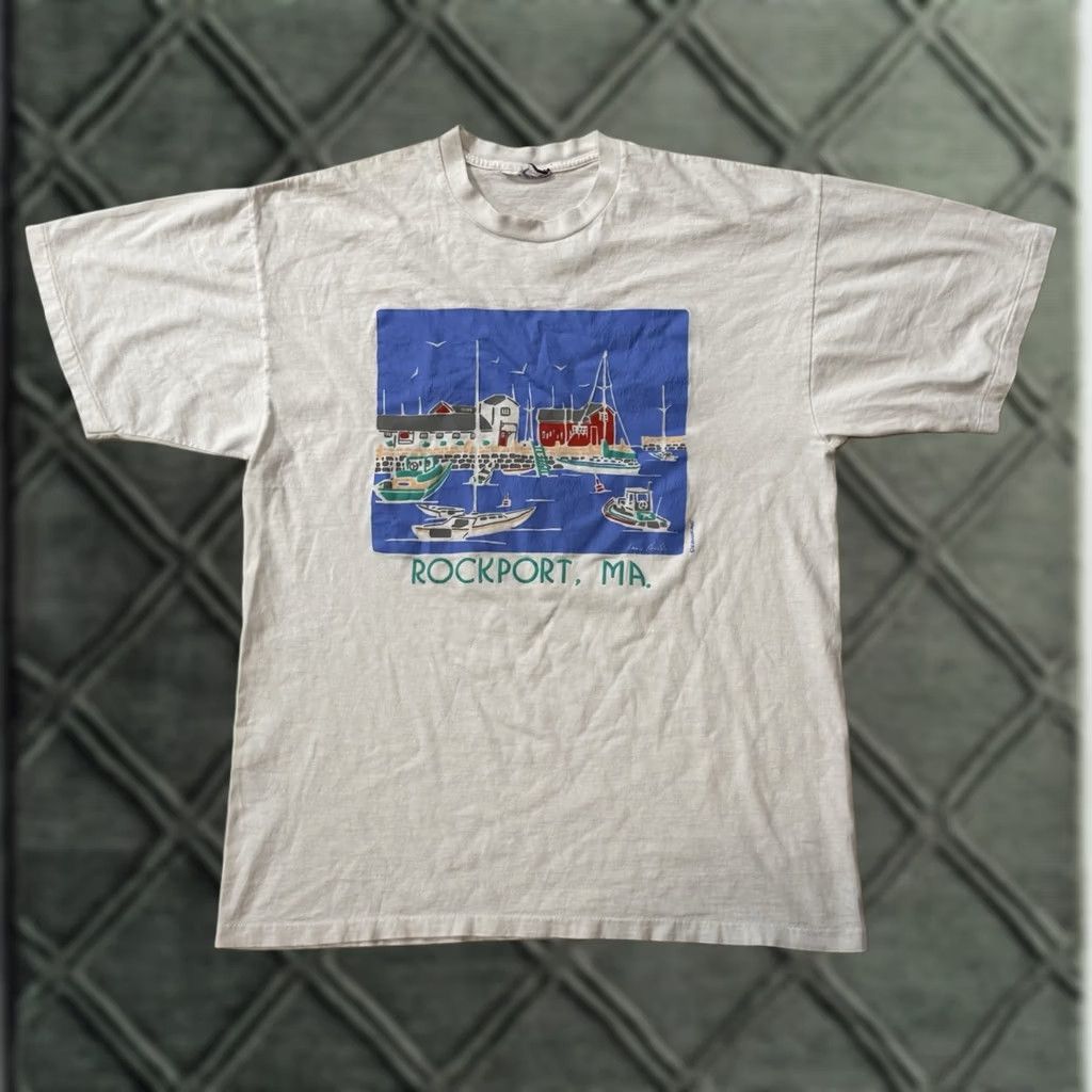 Rockport VINTAGE Eyecatcher Cape Ann Harbor MA Shirt L White Crew Neck Graphic Print 90s Art Nautical Mens Size US L / EU 52-54 / 3 - 1 Thumbnail