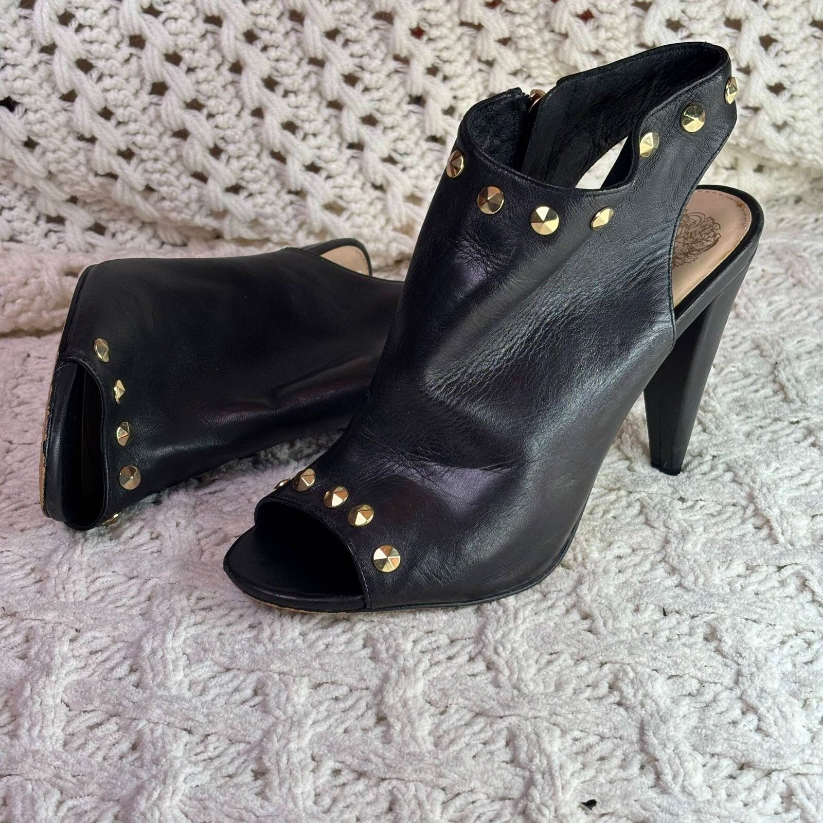 Vince Camuto Vince Camuto Black Leather Peep Toe Heel Booties w/ Gold Ton Size US 7.5 / IT 37.5 - 2 Thumbnail