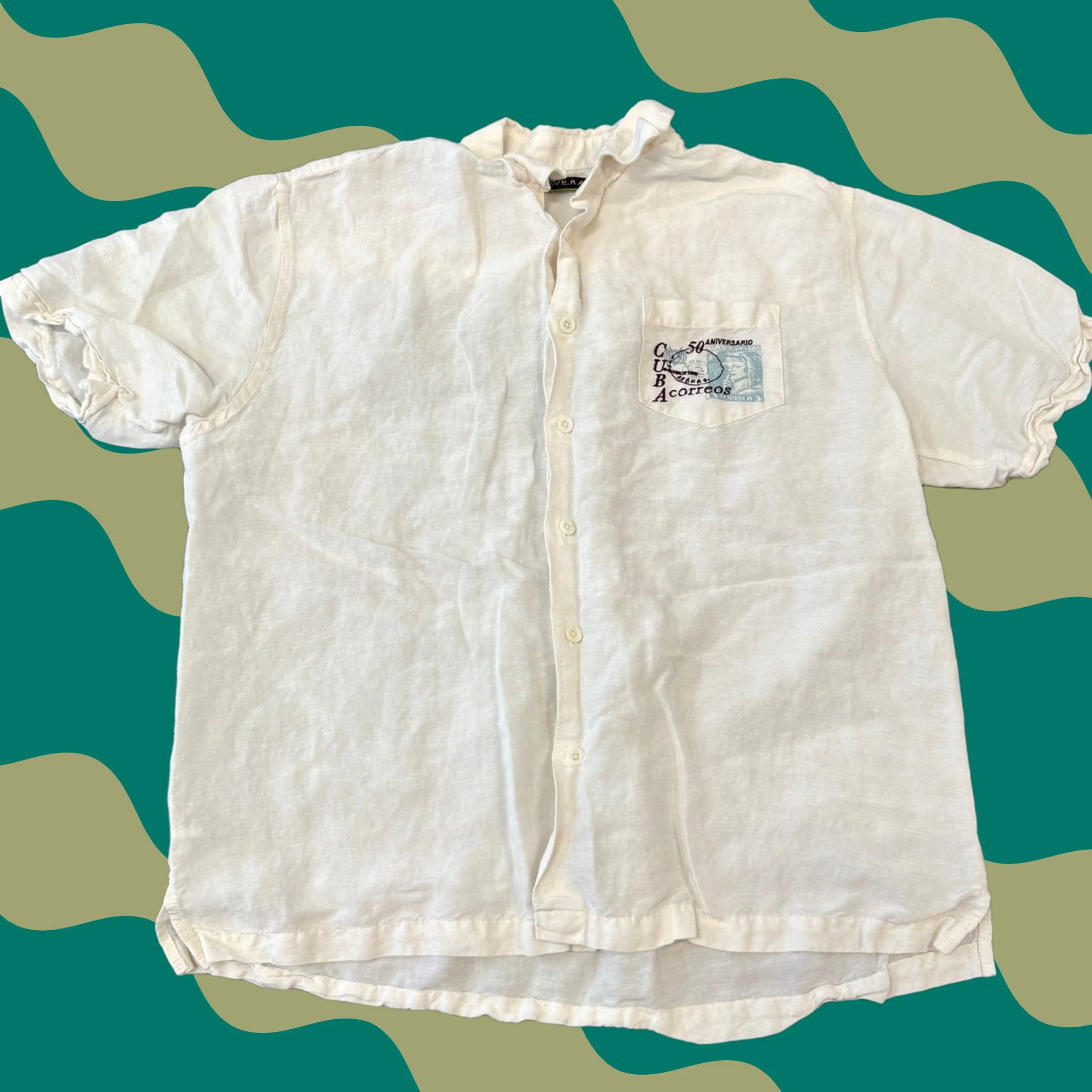 Vintage VINTAGE Y2K Cuba Linen White Button Up Short Sleeve Casual Coffee Pocket Tee L Mens Size US 33 - 1 Thumbnail