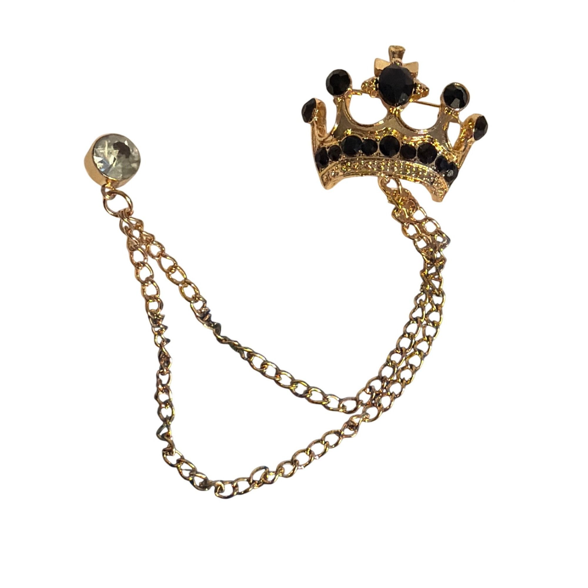 Other Gold Tone Crown Brooch Lapel Pin Black Gemstones Dual Chain Size ONE SIZE - 1 Thumbnail