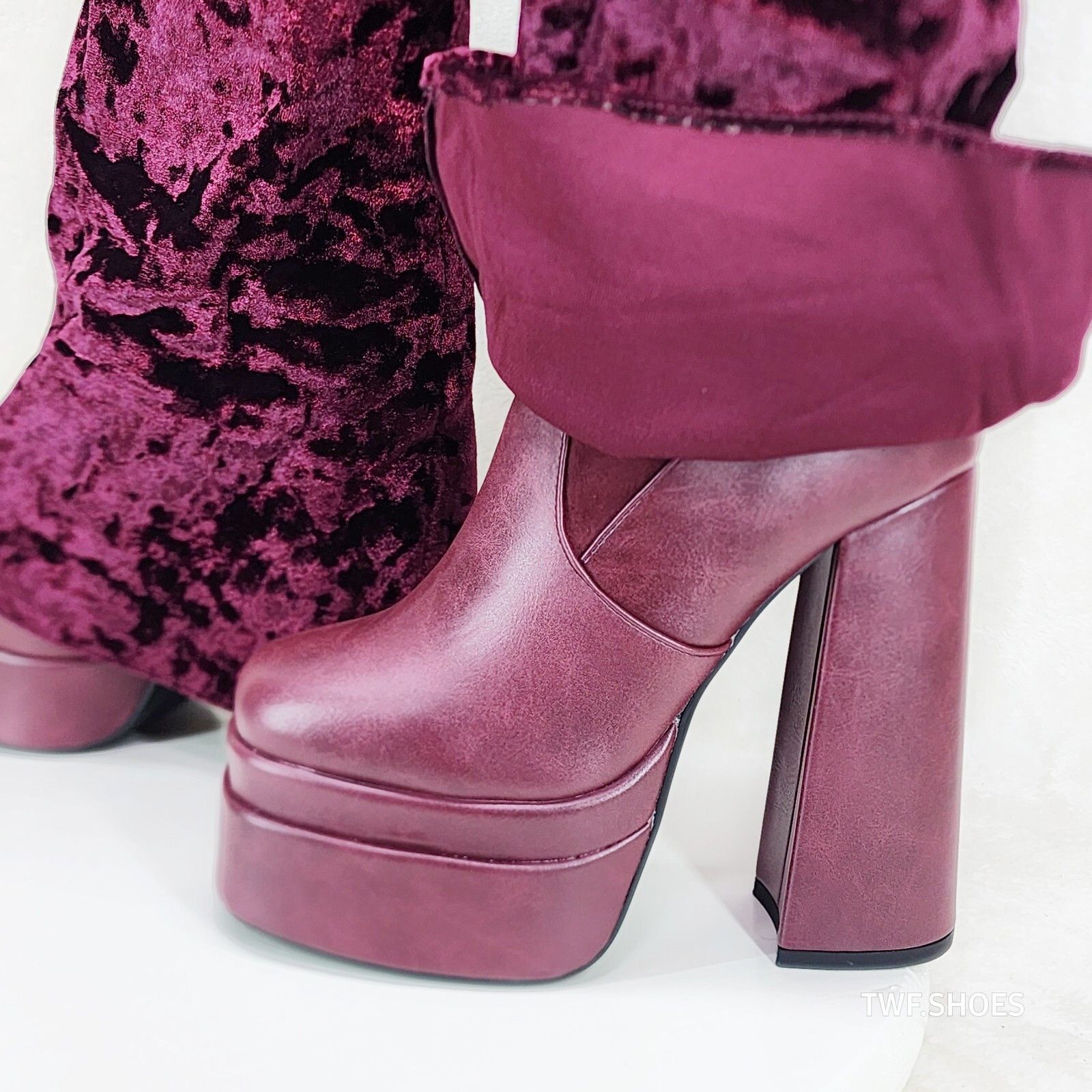 Unique Thigh High Wine Red Velvet Fold over Skirted Chunky H