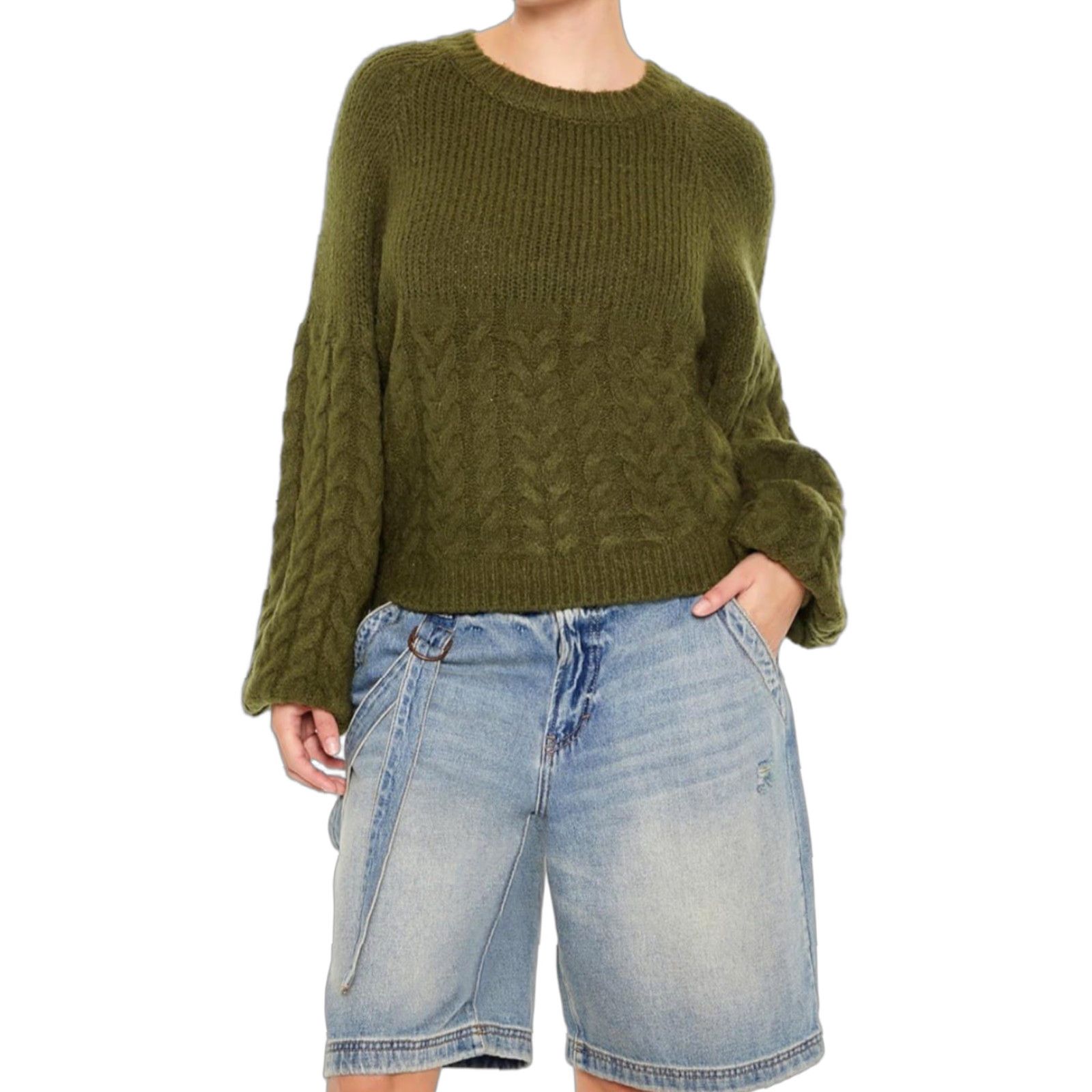 Forever 21 FOREVER 21 Women’s Sweater NWT Cable Knit Peasant-Sleeve Green Size M - Fall Winter, Casual Pullover, Round Neck, Long Sleeve, Womens Size M / US 6-8 / IT 42-44 - 1 Thumbnail
