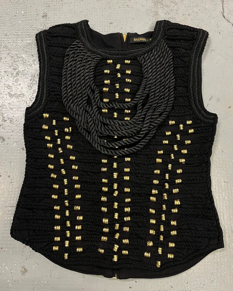 Balmain 2015 Balmain H&M Gold-Beaded Black Tank Top Size S / US 4 / IT 40 - 1 Thumbnail