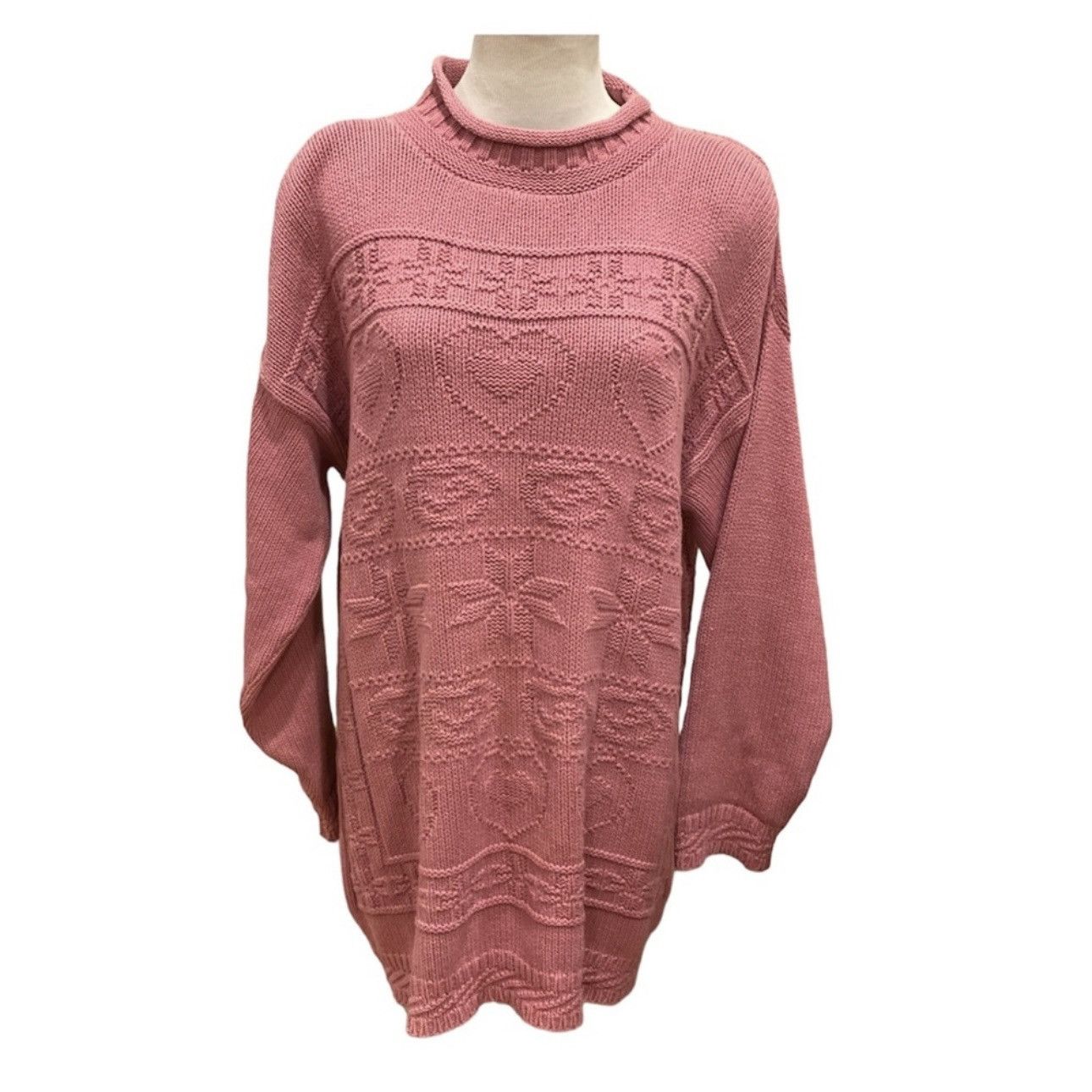 Vintage Vintage 90s Oversized Sweater Pink Hearts L Roll Neck Size L / US 10 / IT 46 - 1 Thumbnail