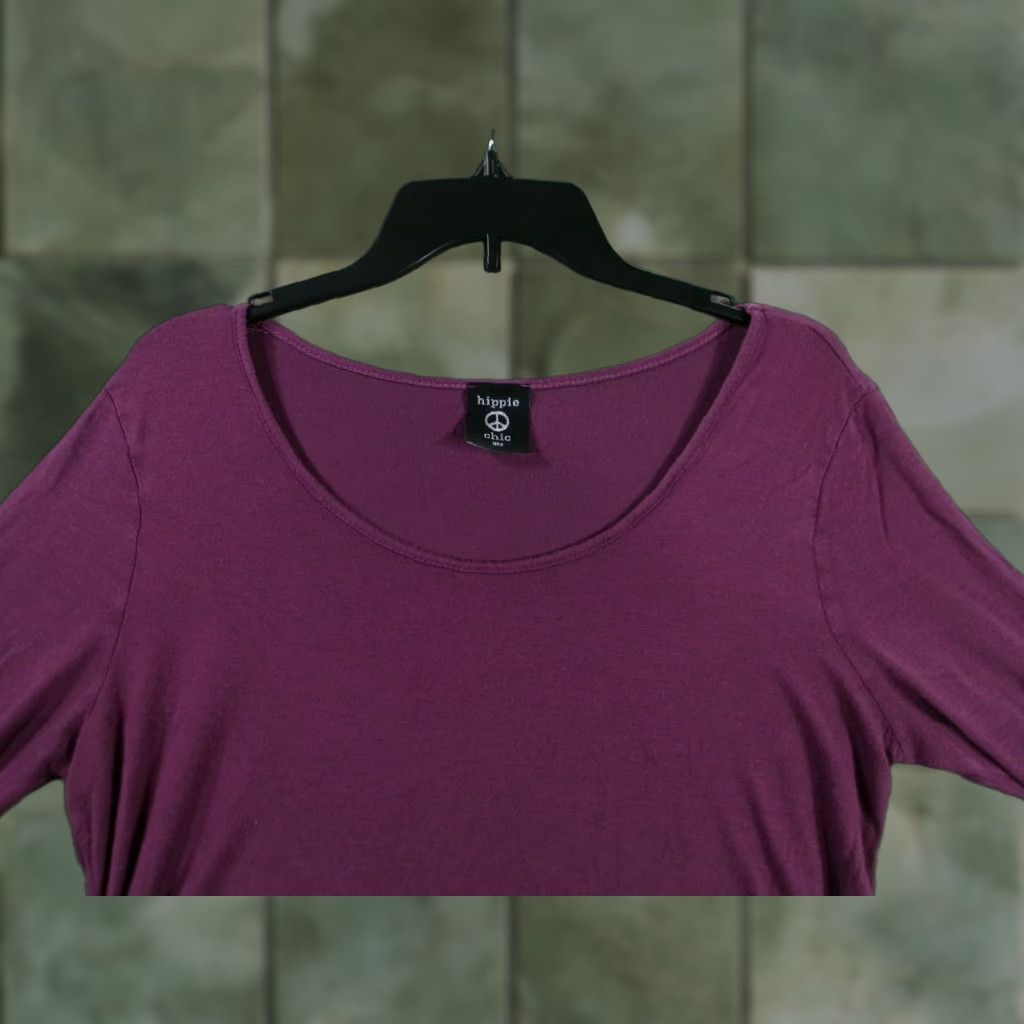 Vintage Hippie Chic Purple Tunic Blouse Women L 3/4 Sleeve Scoop Neck Side Ruching Rayon Spandex Solid Relaxed Vintage: No Size L / US 10 / IT 46 - 1 Thumbnail