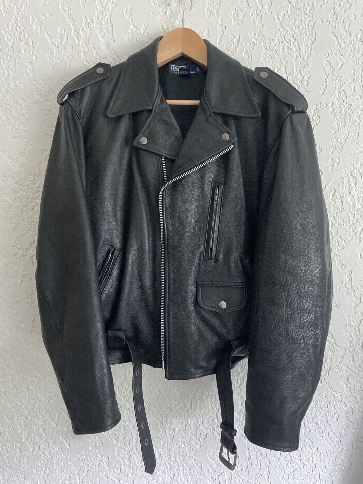 image of Polo Ralph Laurent Double Rider Motorcycle Leather Jacket in Black, Men's (Size XL)