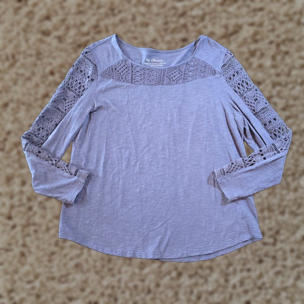 Vintage Chicos Top Womens Size XL Blue Crochet Lace Trim Long Sleeve Casual Blouse Size XL / US 12-14 / IT 48-50 - 1 Thumbnail