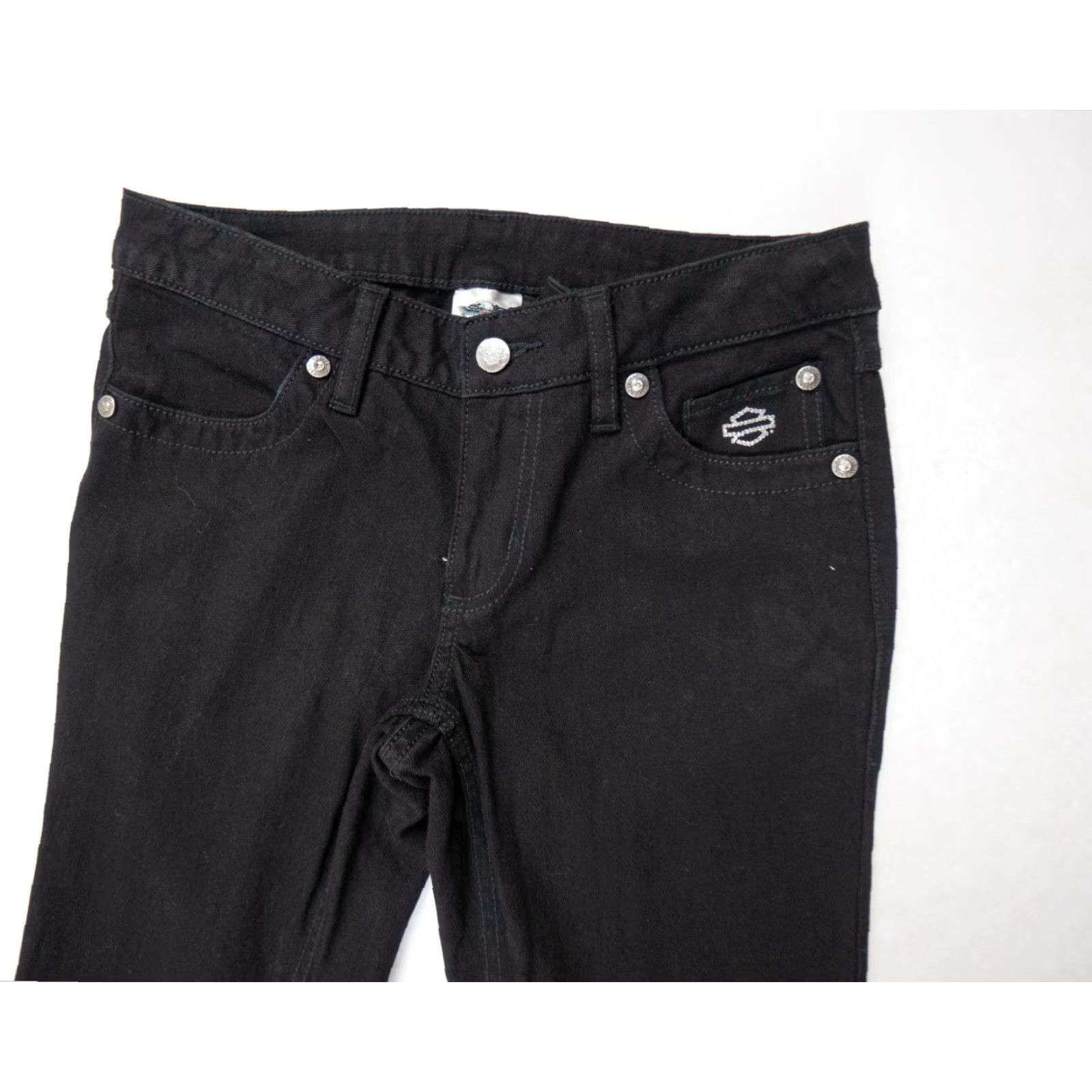 Harley Davidson VINTAGE Harley-Davidson Womens Jeans Flared Denim Pants 4 Black Motorcycle Embellished Stretch Size 27" / US 4 / IT 40 - 2 Thumbnail