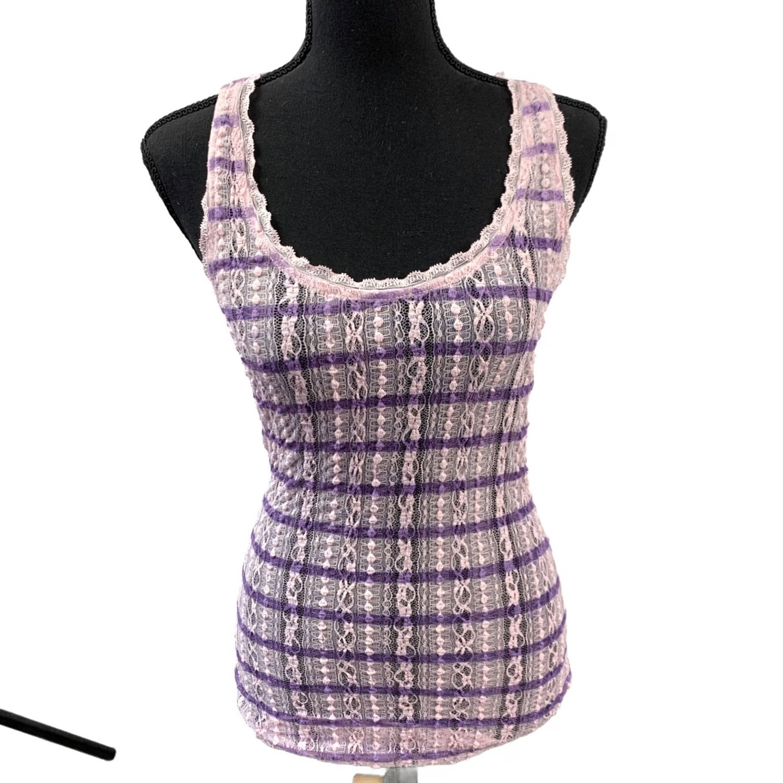 Vintage Daytrip Sheer Lace Tank Top M Pink Striped Coquette Soft Girl Feminine Shirt Womens Size M / US 6-8 / IT 42-44 - 2 Thumbnail