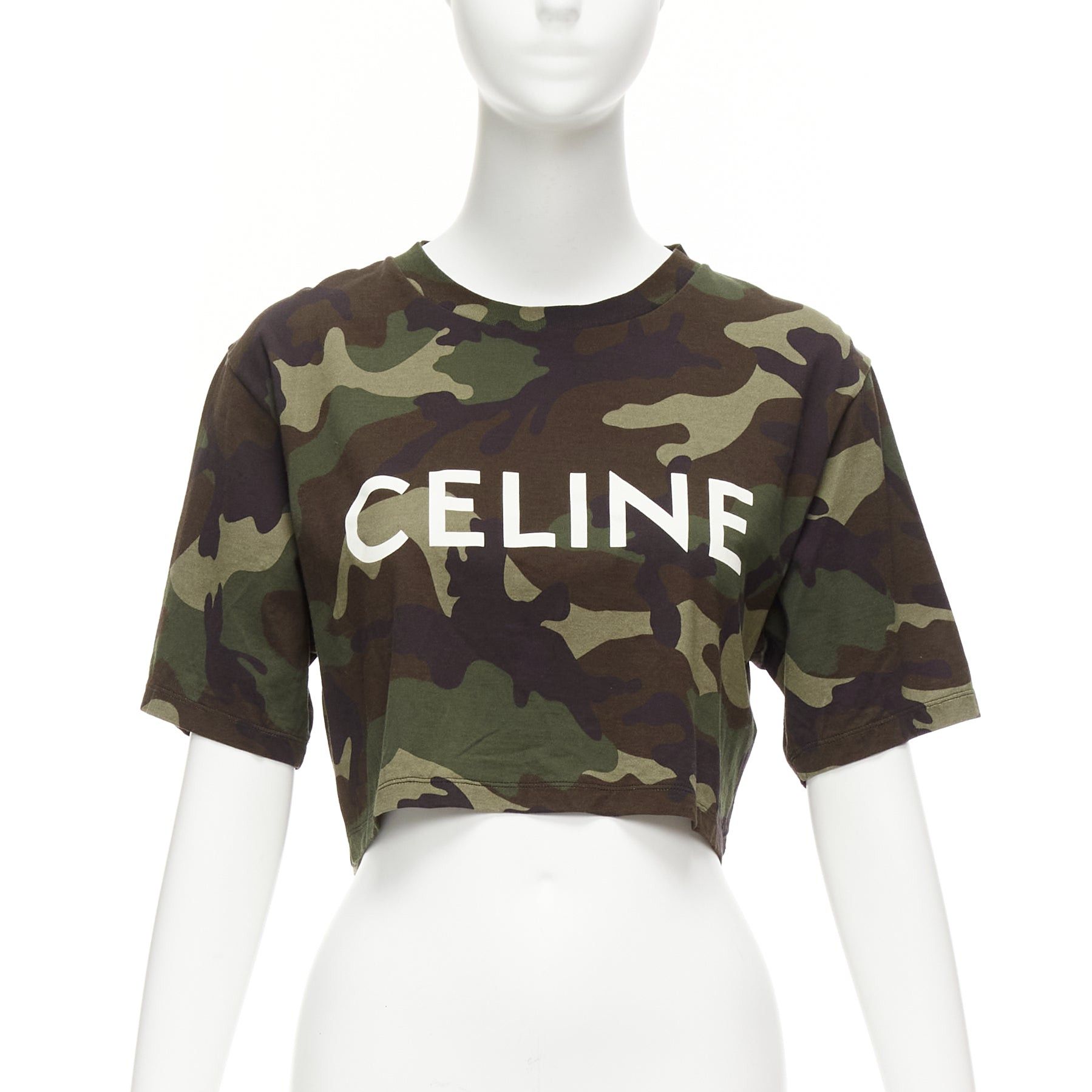 image of Celine Green Camouflage Cotton Big White Logo Cropped Tshirt Top Xs, Women's (Size Small)