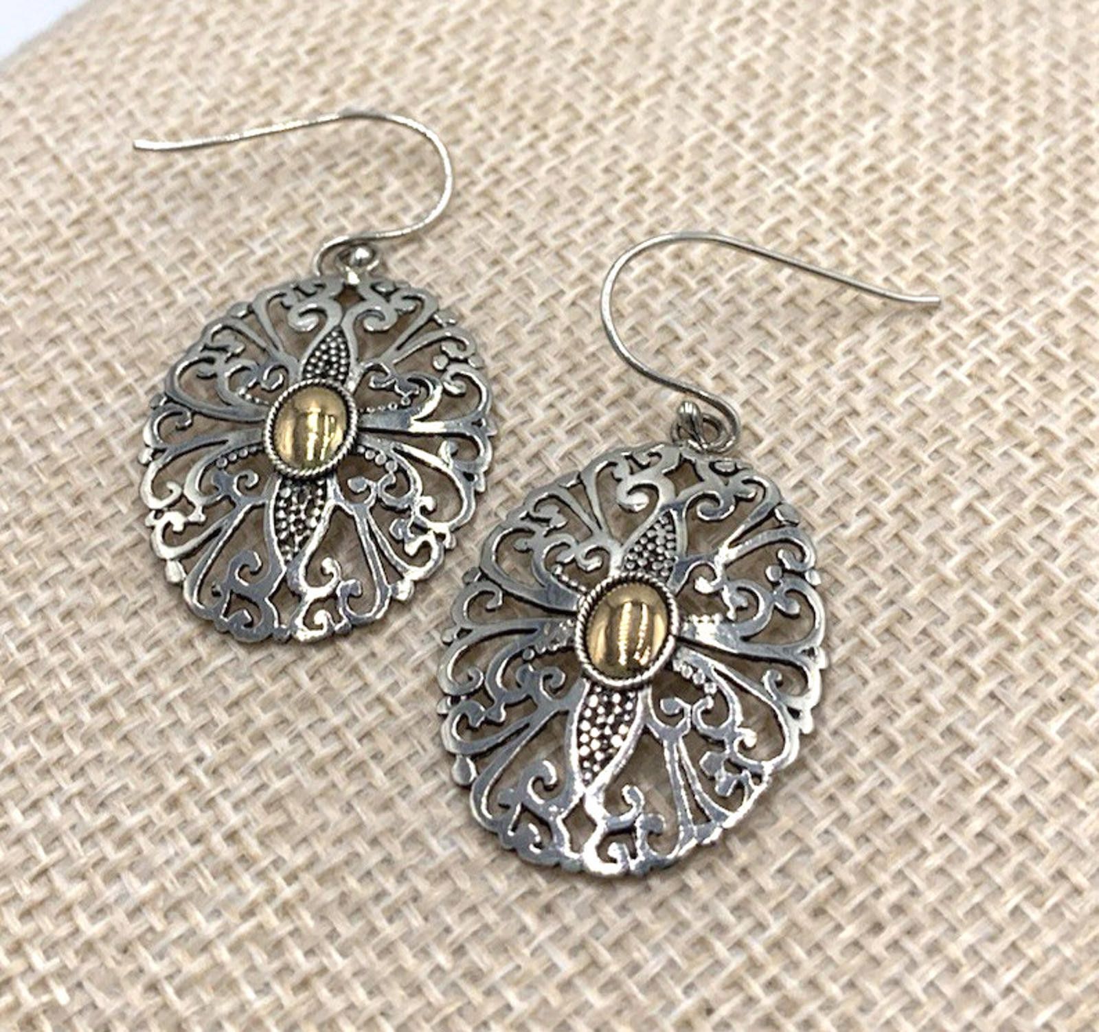 Other Sterling Silver 18k Accent Filigree Oval Dangle Earrings Size ONE SIZE - 2 Thumbnail
