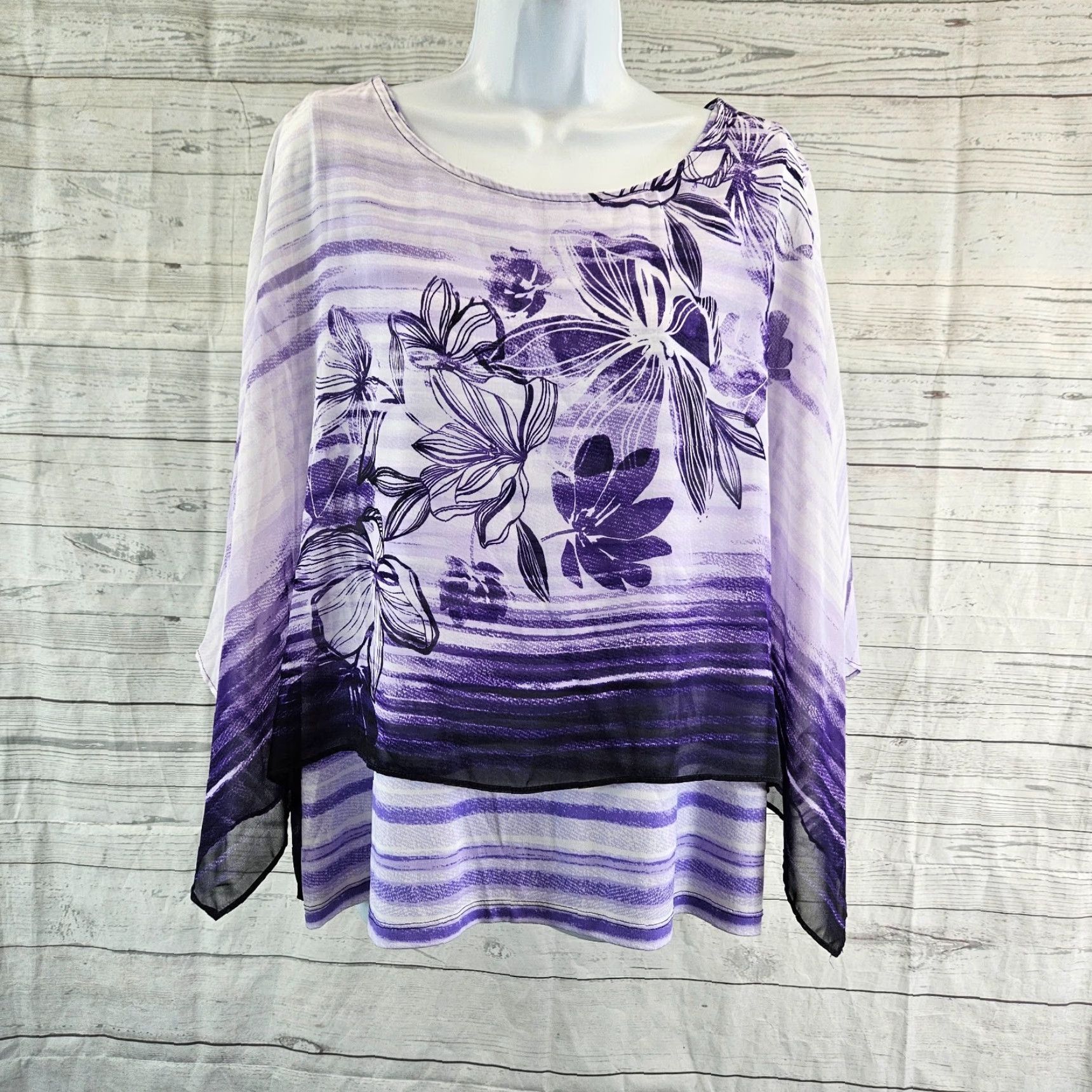 Vintage Chico's Easywear Womens Blouse XL Purple Floral Stripe Layered Top Shirt Size XL / US 12-14 / IT 48-50 - 2 Thumbnail