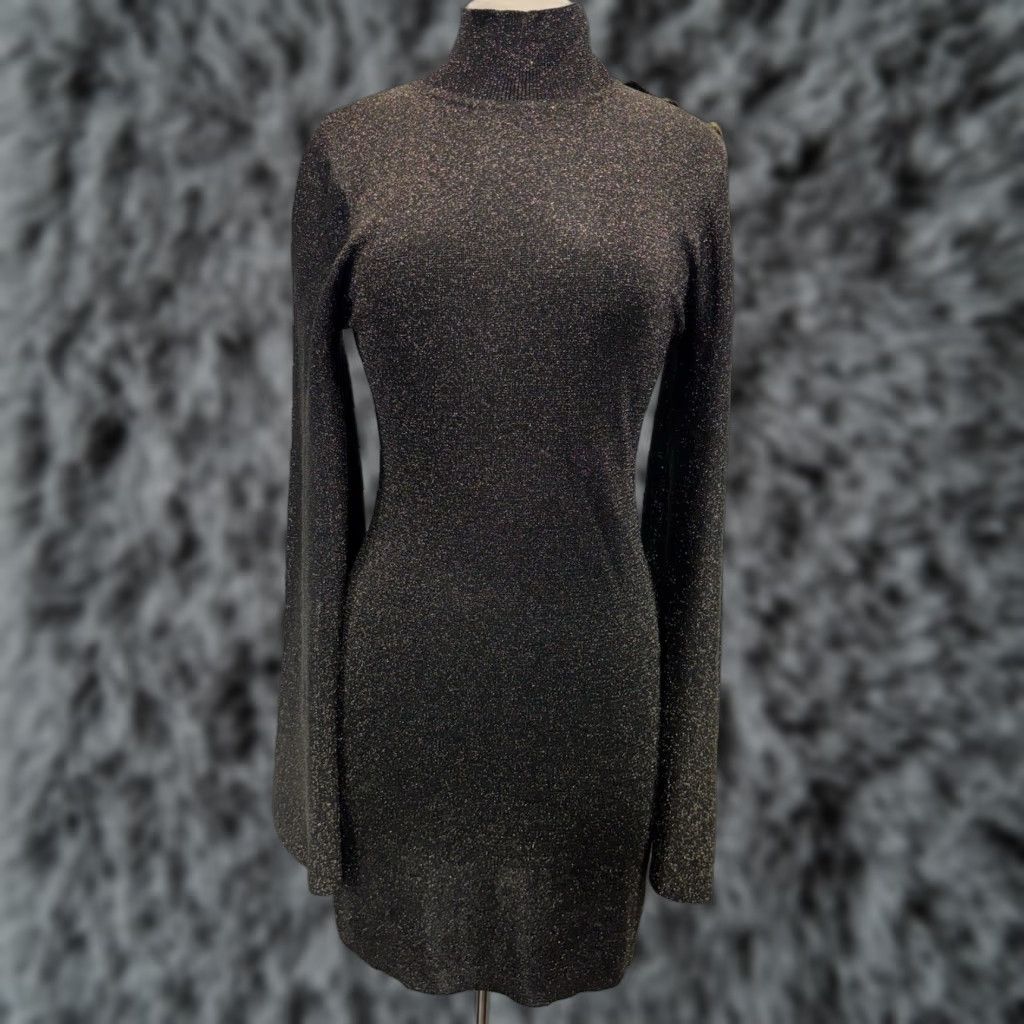 Rebecca Vallance Mancini Knit Mini Dress Womens Large Black Gold Metallic  Flare - wpequipmentugltd.com