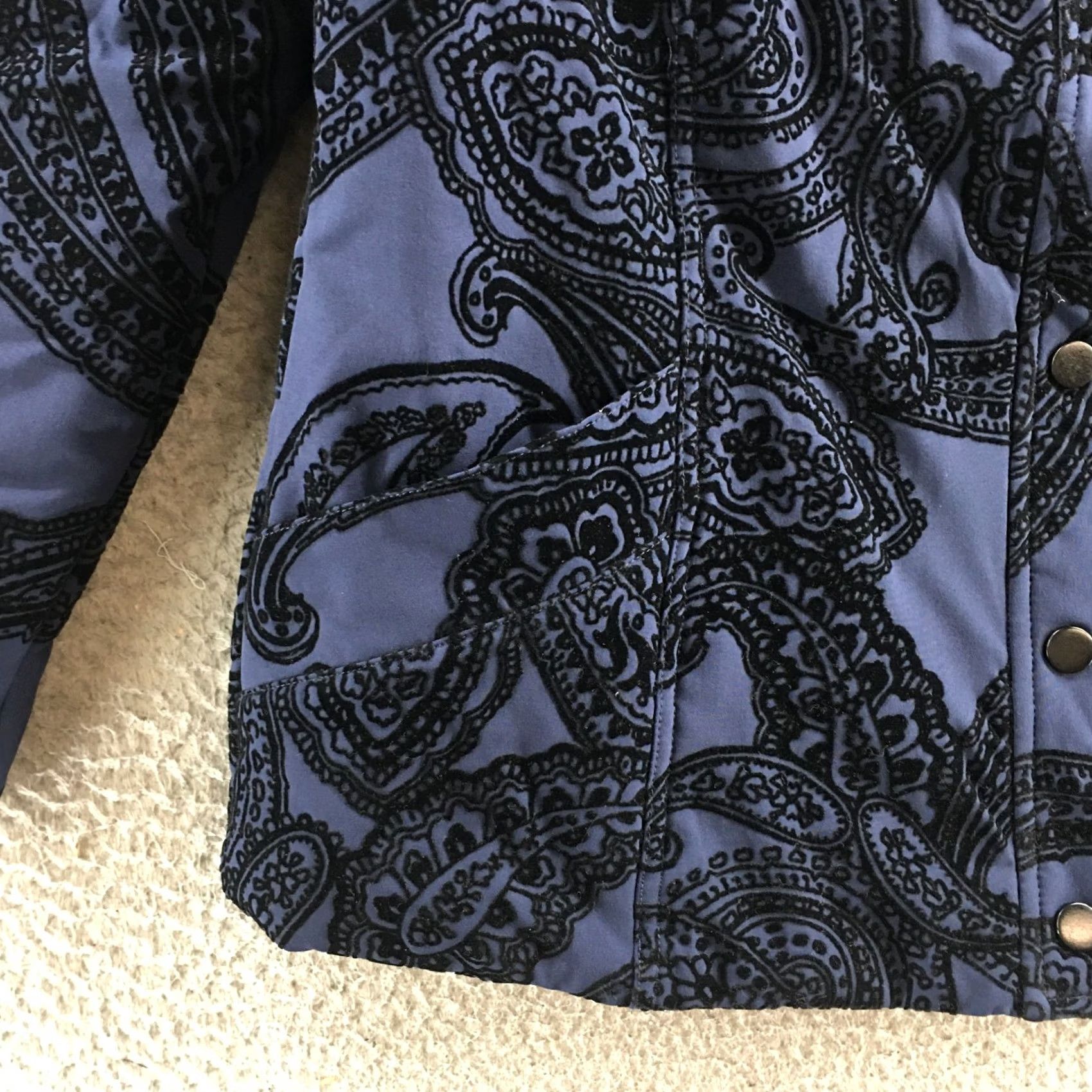 Vintage Zenergy by Chico's Jacket Womens 1 Navy Black Paisley Flocked Quilted Collared Shirt Size XS / US 0-2 / IT 36-38 - 4 Thumbnail