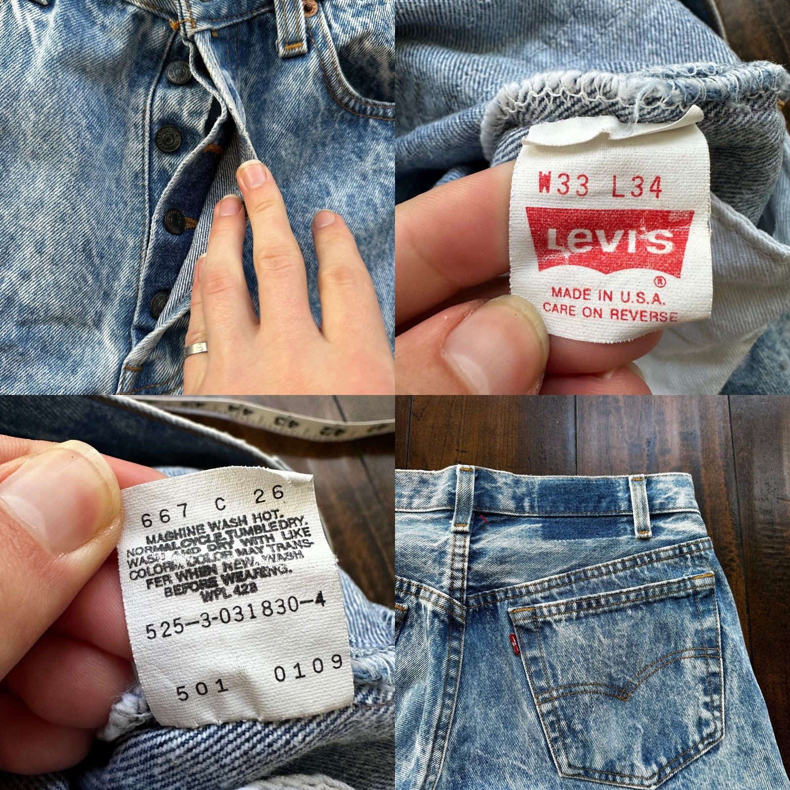 Levi's VTG 90s Levis 501 Button Fly 33x34 USA Tag Jeans Acid Wash 80s Act 30x33 Size US 33 - 8 Thumbnail