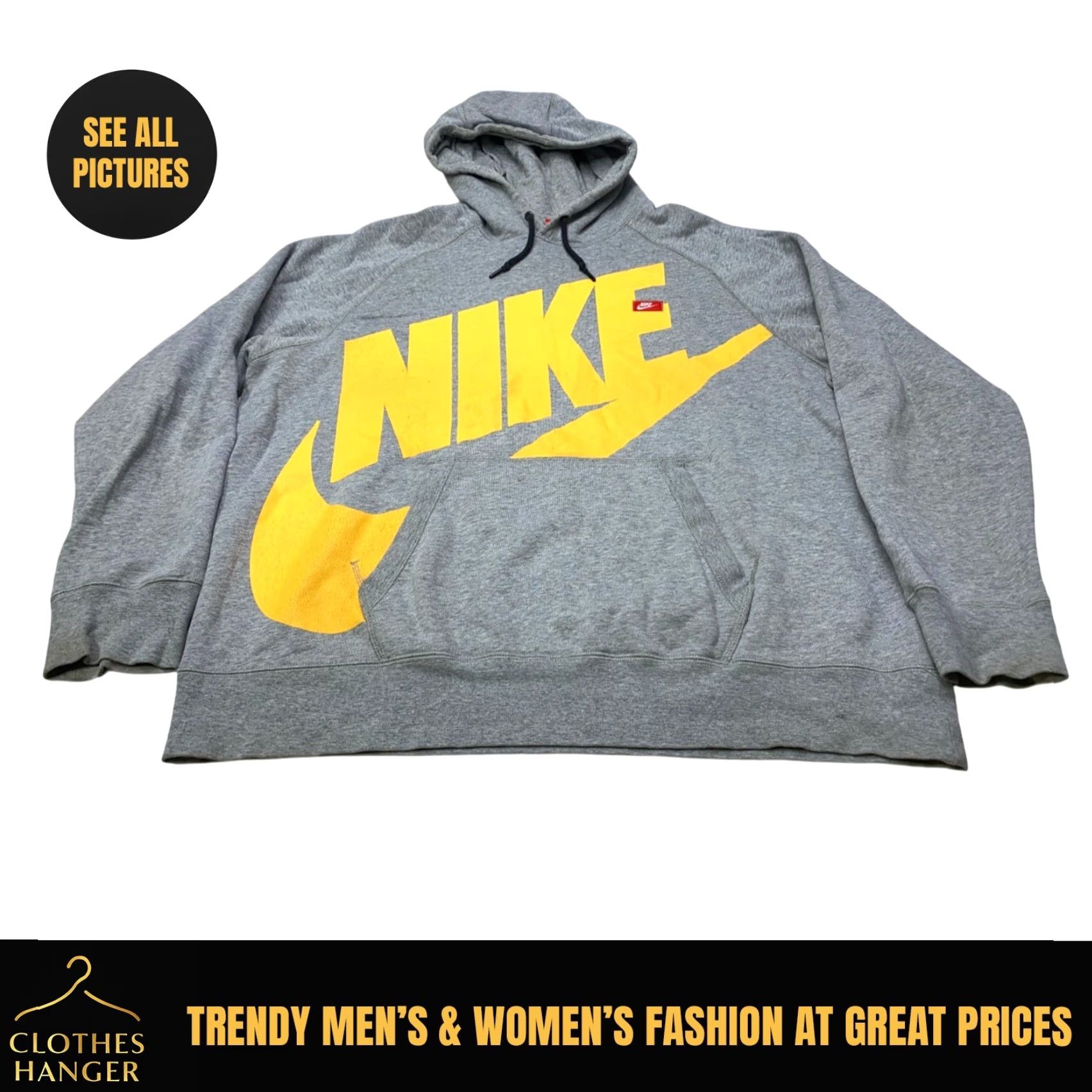 Nike VINTAGE Nike Hoodie Mens 2XL Nike Swoosh Yellow Lettering Red Tag Grey Cotton Fleece Pullover Hooded with Pockets Size US XXL / EU 58 / 5 - 2 Thumbnail