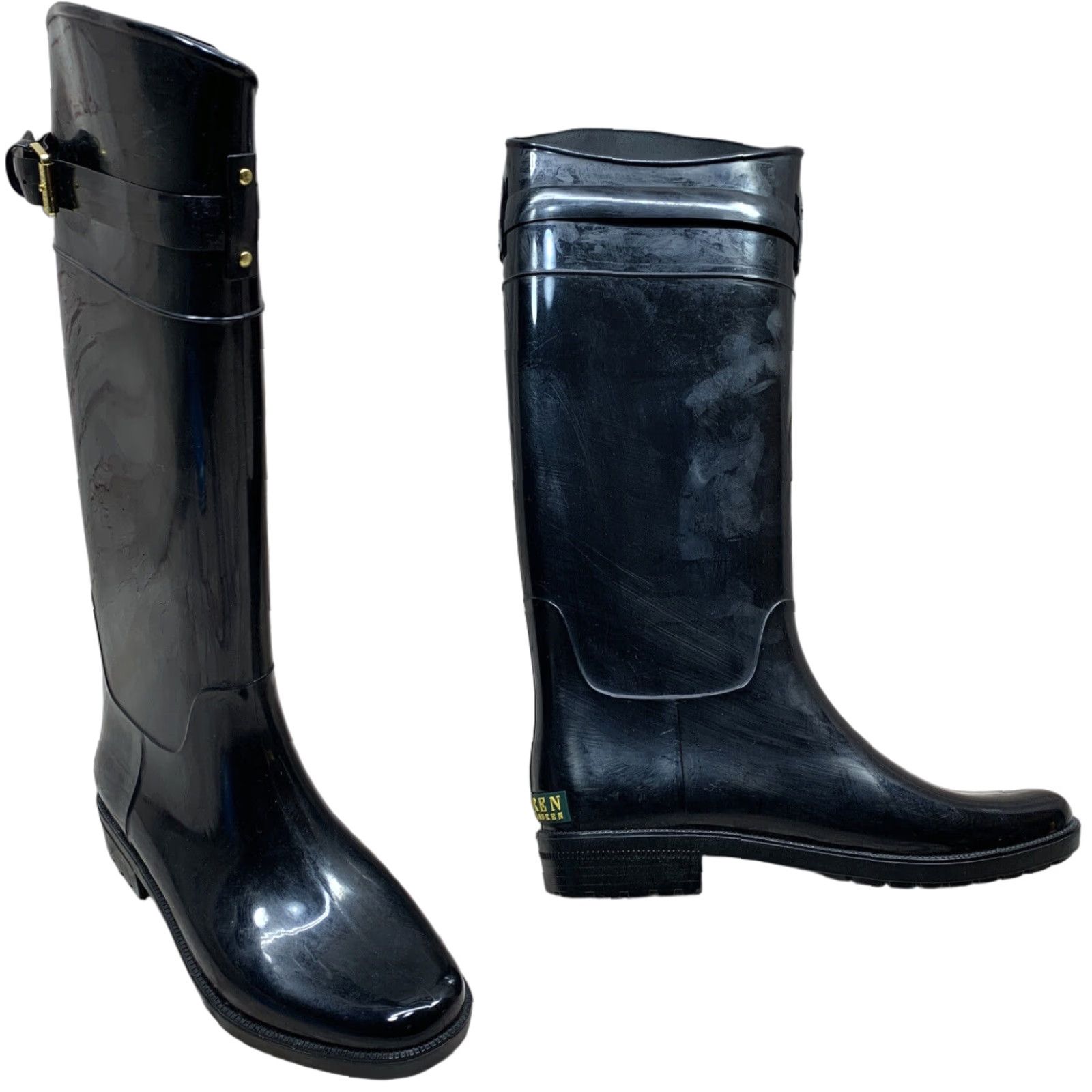VINTAGE Ralph Lauren Womens Knee High Rain Boots Pull-On Buckle