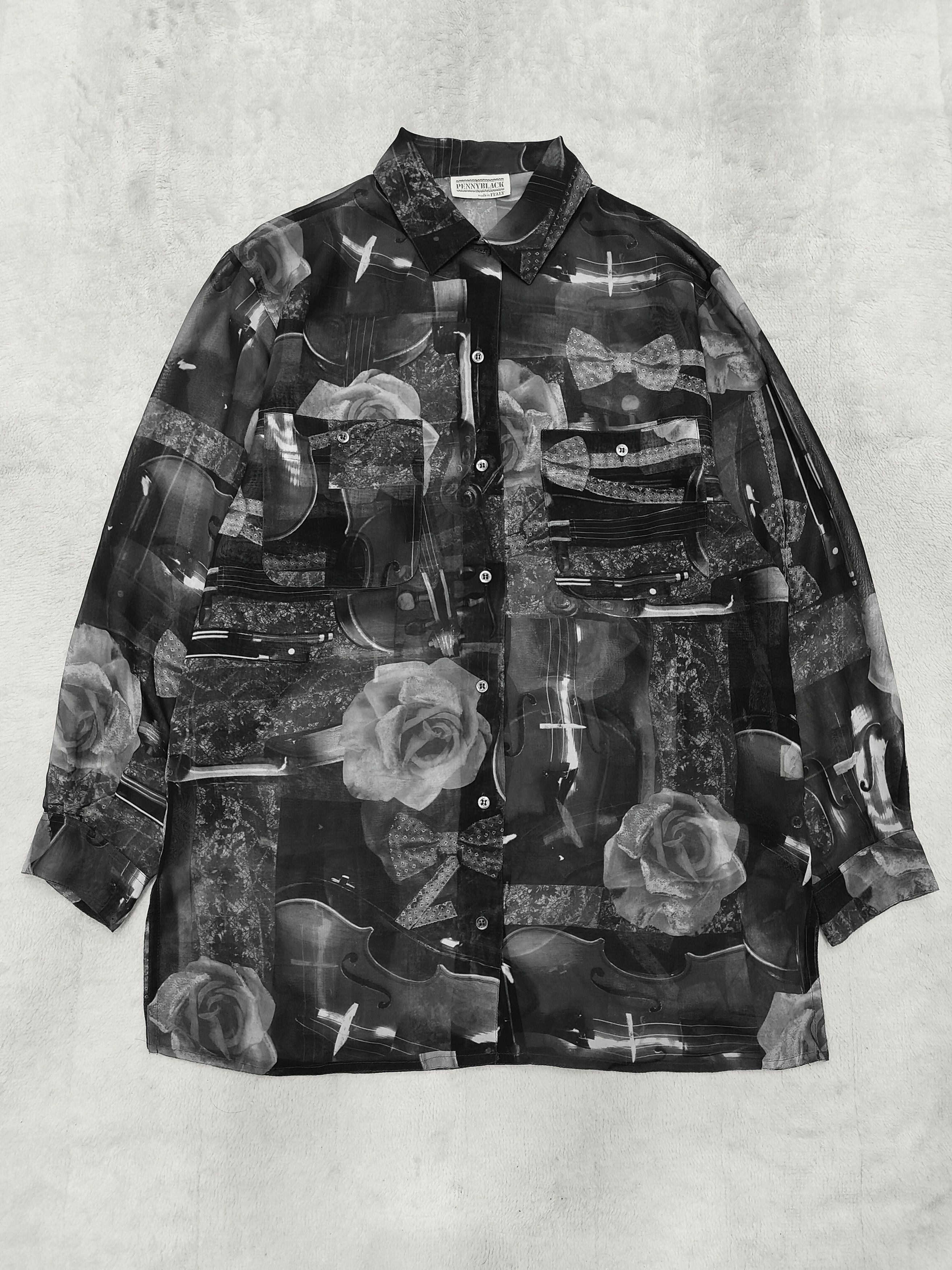 Max Mara DOPE 🇮🇹 Penny Black Roses Musical Art Sheer Blouses Size L / US 10 / IT 46 - 6 Thumbnail