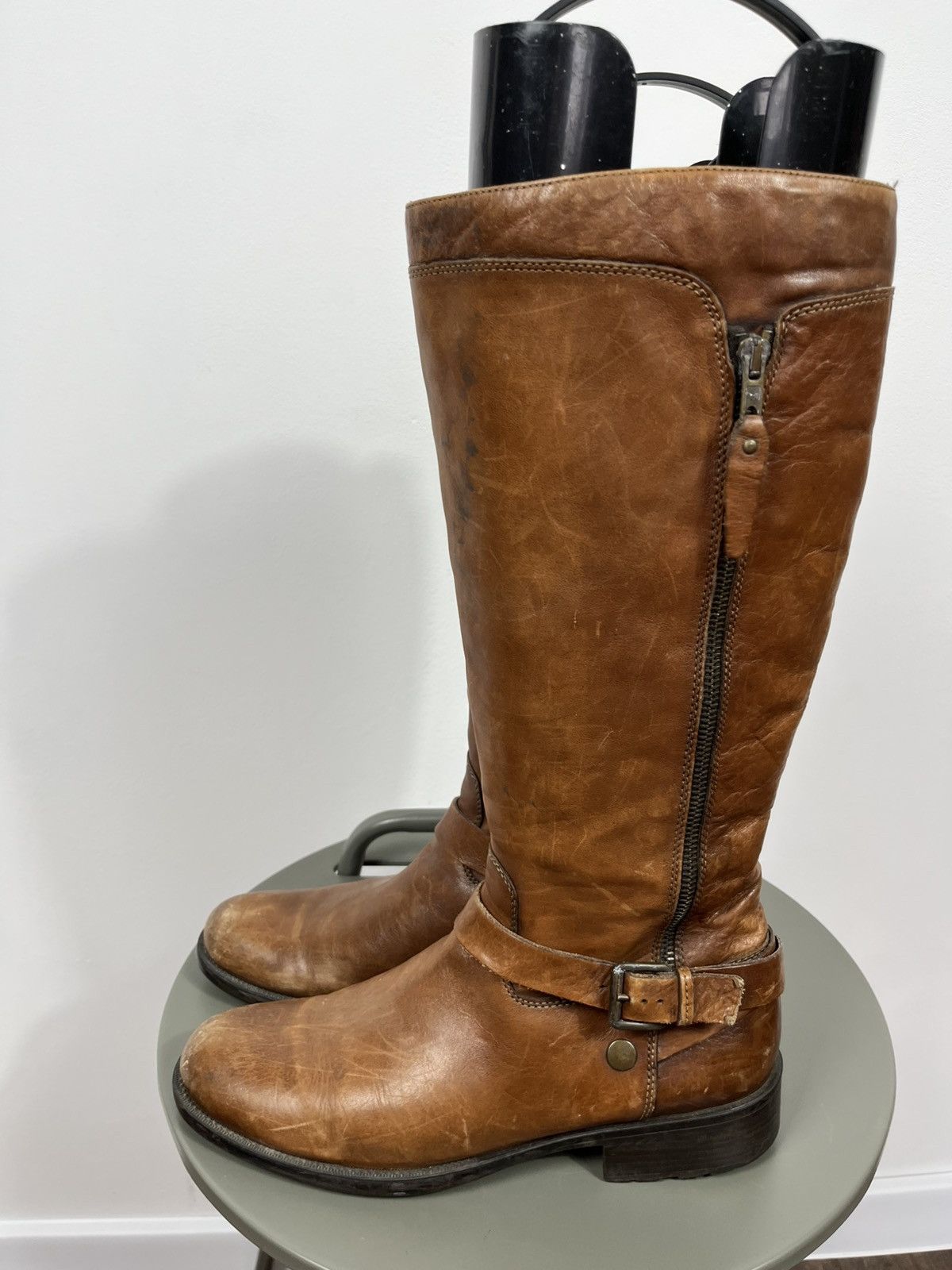 Leather Vintage Brown Leather Knee High Boots Side Zip Buckle EU 41 Size US 10 / IT 40 - 7 Thumbnail