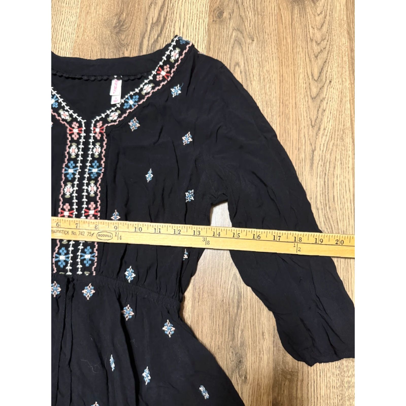 Vintage Xhilaration Dress Womens Size Small Black V-Neck Embroidered A-Line, Short, Casual, Regular, Polyester, Fall Spring Summer, Womens Size S / US 4 / IT 40 - 4 Thumbnail