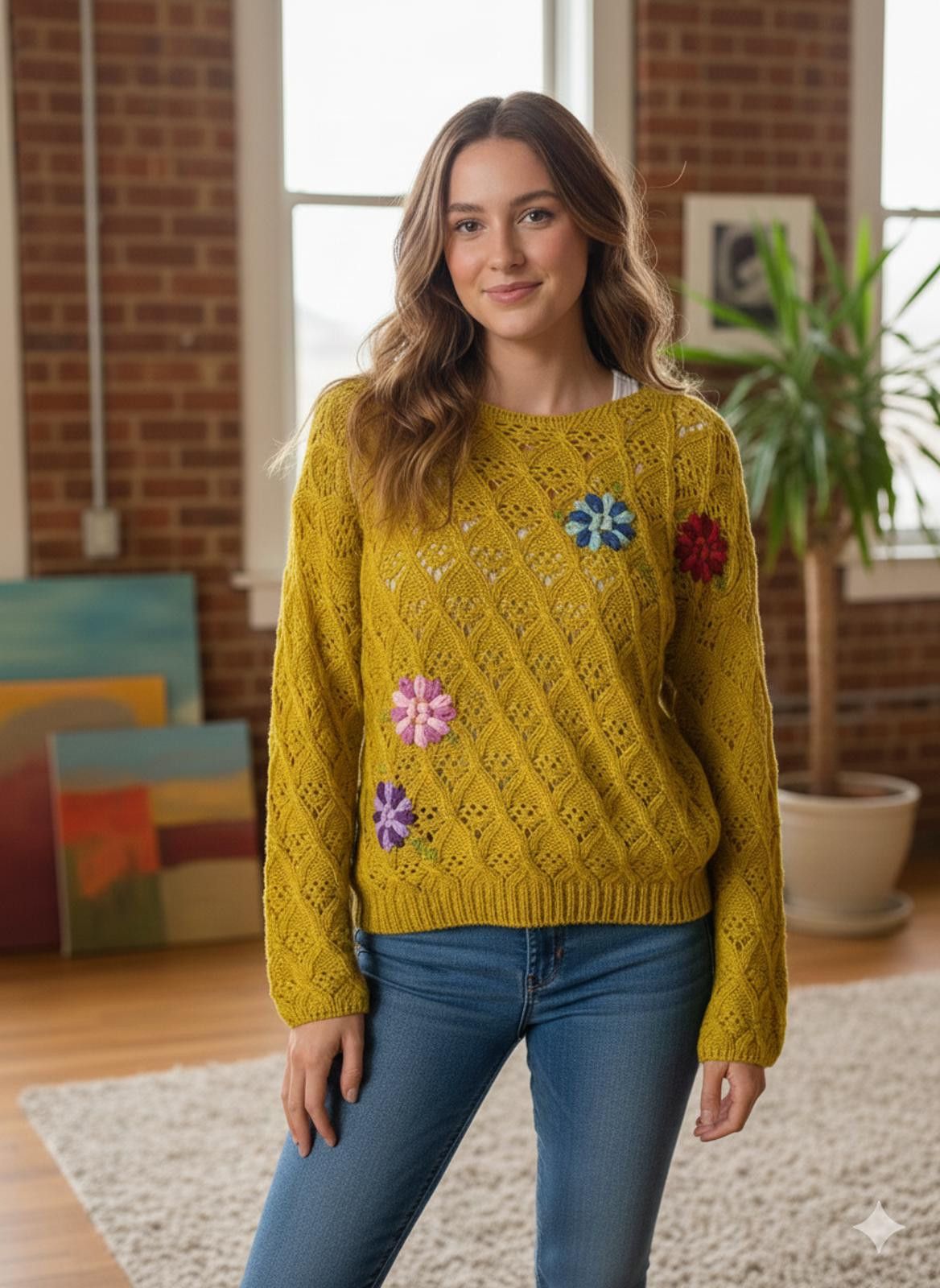 Other Yellow Crochet Knit Sweater with Floral Appliques L Size L / US 10 / IT 46 - 1 Thumbnail